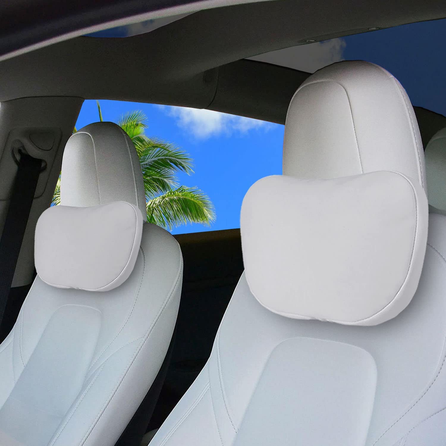 2 Pack Premium Car Headrest Neck Pillow for Tesla Model 3/Y/S/X & Cybertruck - Ergonomic Memory Foam Support for Long Drives & Travel - Comfort Upgrade (White) - Perfect for Road Trips, Commuting & Relaxation