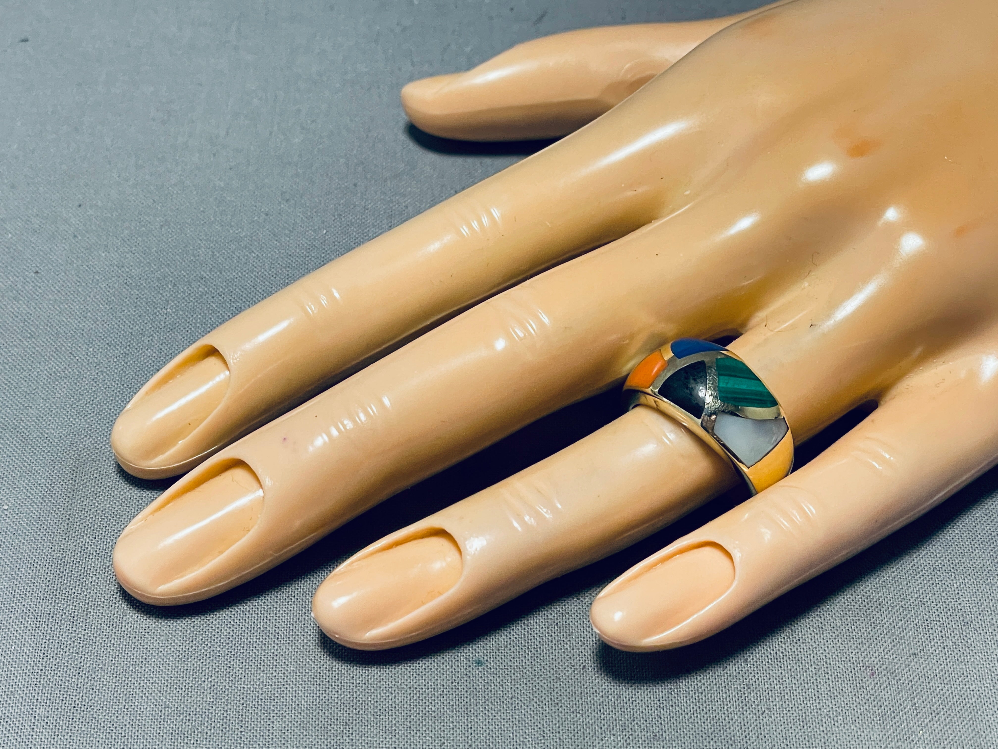 14K Gold Vintage Native American Navajo Inlay Ring - Size 7 | Handcrafted Turquoise & Coral Jewelry for Women | Perfect for Boho, Western & Southwest Fashion