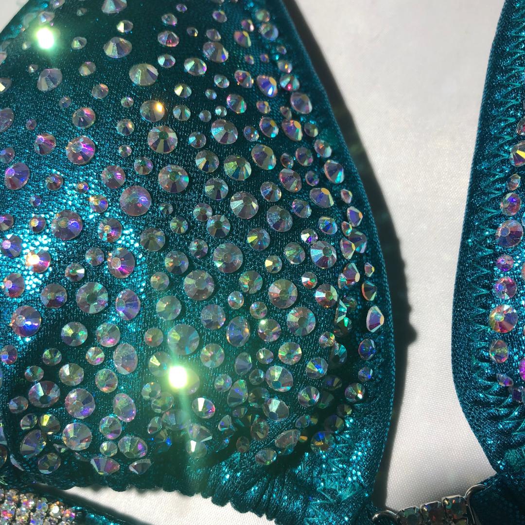 Competition Bikini Teal Green Color with Stunning AB Rhinestones & Twisted Connectors - Perfect for Dance, Cheerleading & Swimwear Performances