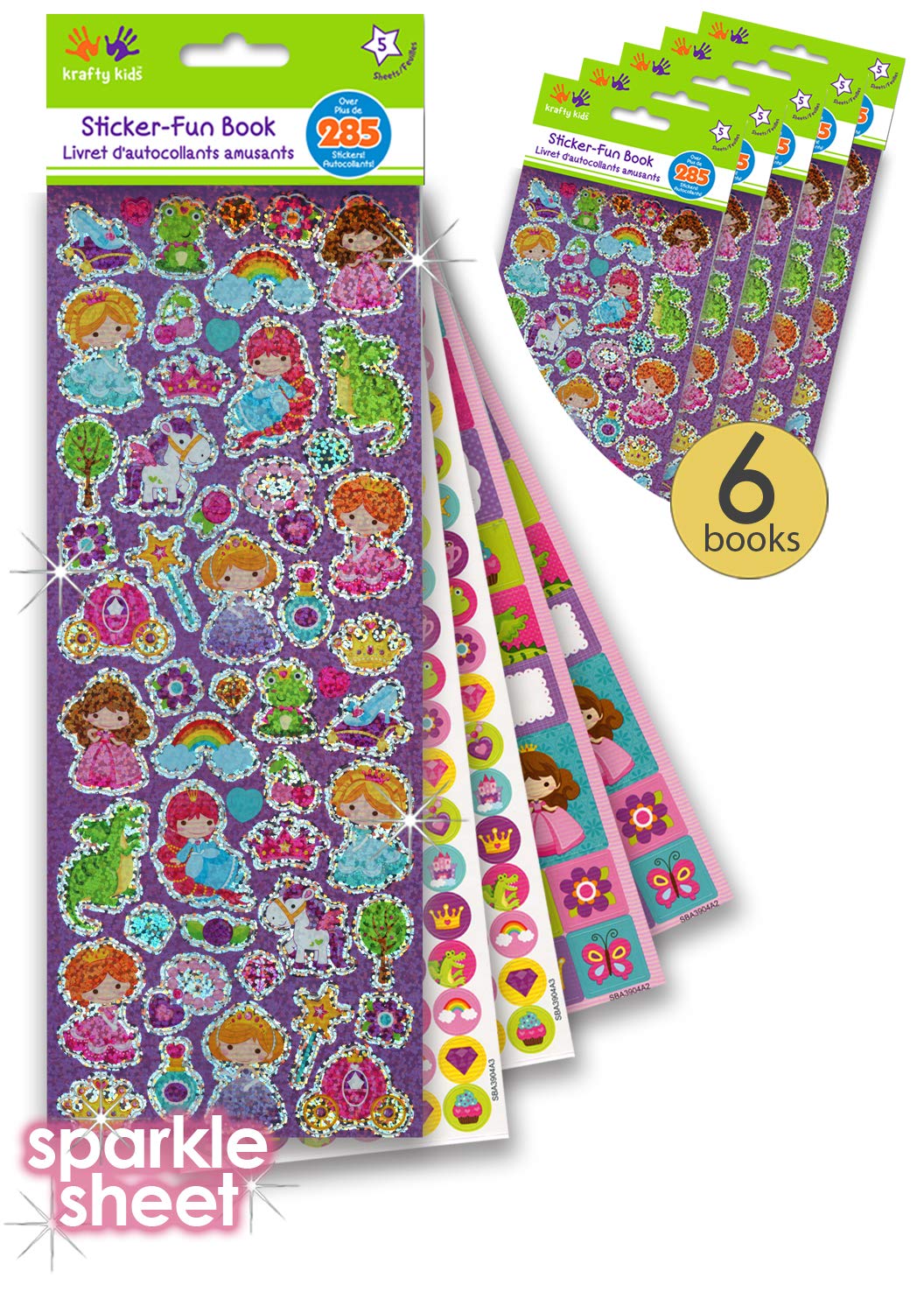 6 Pack AoneFun Glitter Stickers for Kids - 5 Assorted Sticker Books with Holographic, Foil & Girly Designs - Perfect for Toddlers, Girls & Reward Incentives | Great for Scrapbooking, DIY Crafts & School Projects