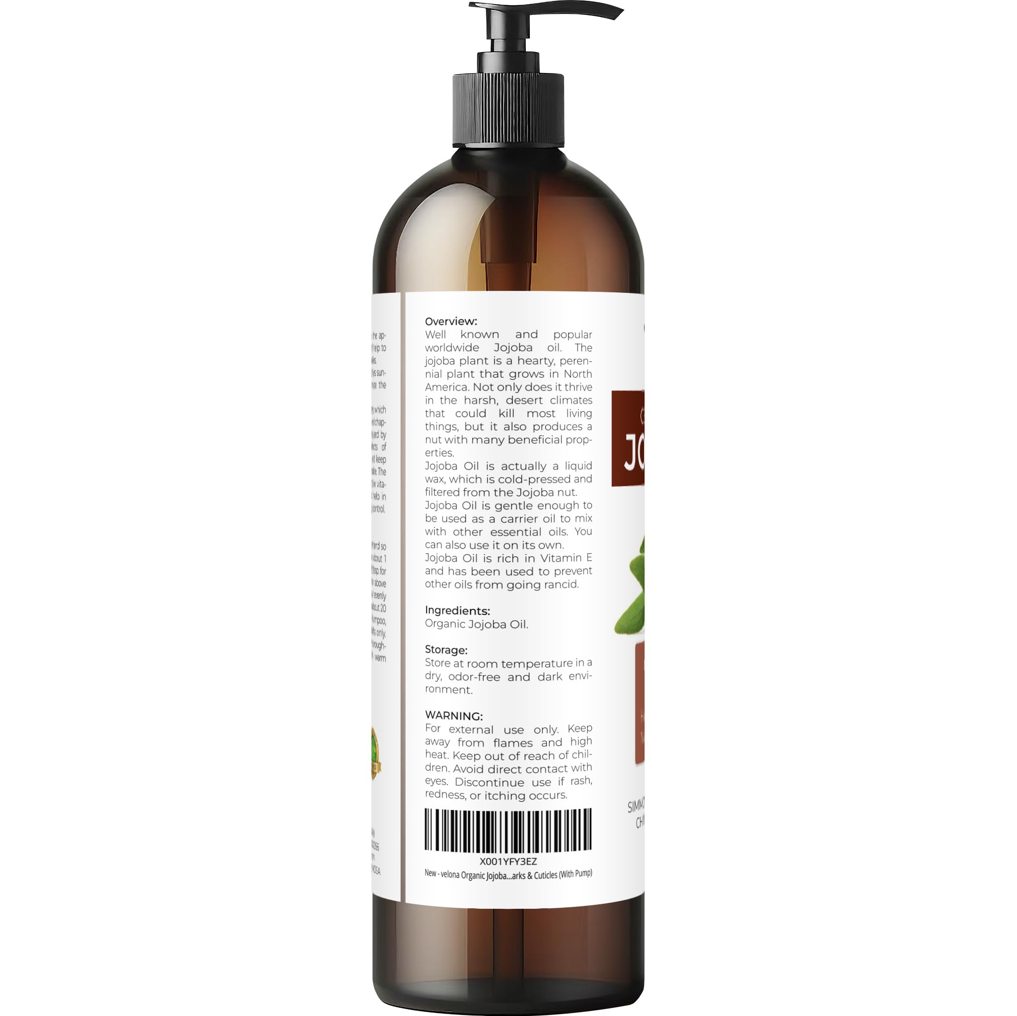 Velona Organic Jojoba Oil 8 Fl Oz (With Pump) - 100% Pure Unrefined Cold Pressed Natural Oil for Face, Hair, Body & Skin Care - Moisturizes Dry Skin, Reduces Stretch Marks & Nourishes Cuticles - Perfect for Daily Beauty Routine & Massage Therapy