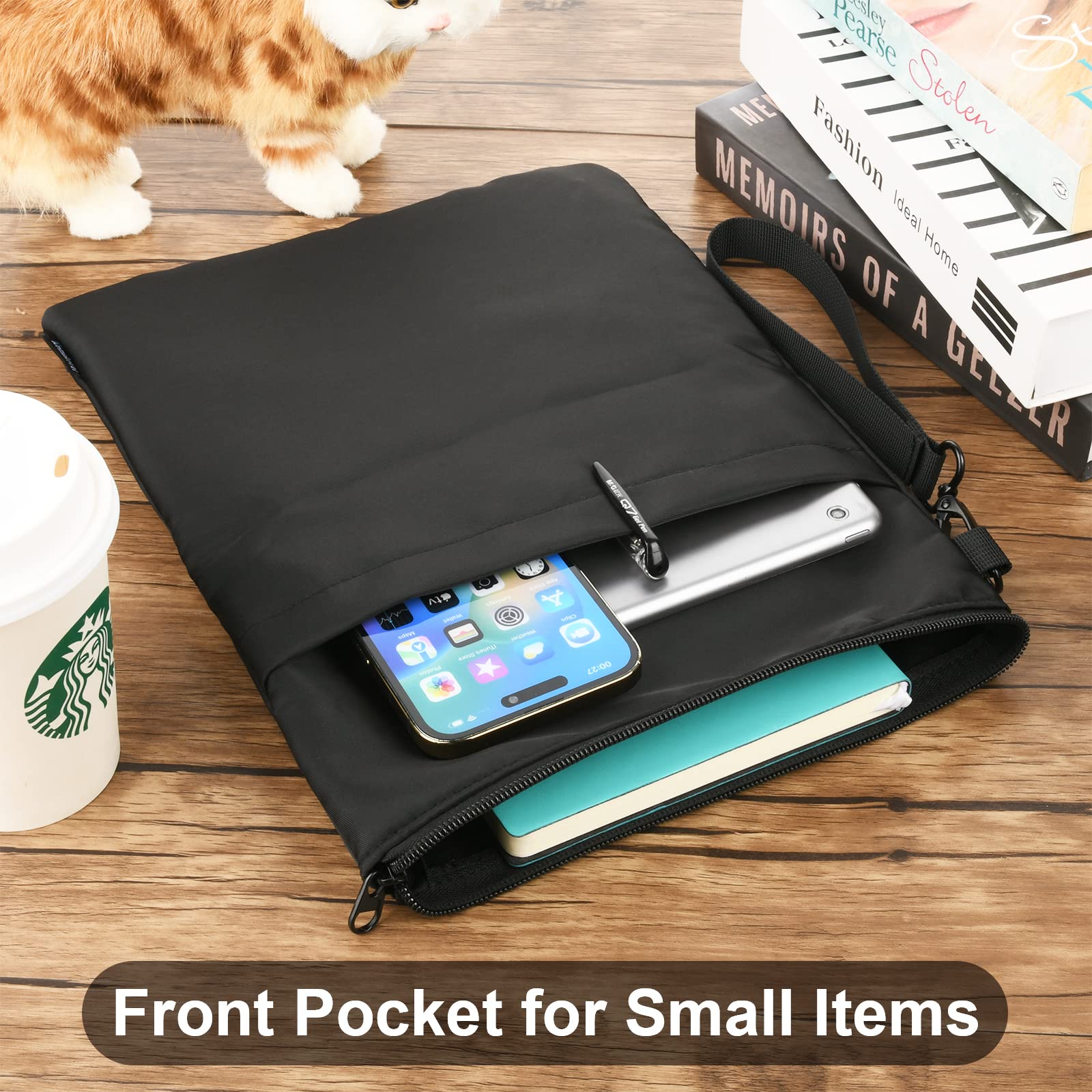 Zippered Book Sleeve Protector - Waterproof Travel Book Cover for Paperbacks & Hardcovers with Front Pocket & Handle Strap - Perfect Gift for Book Lovers (Black) - Ideal for Commuting, Air Travel, and Library Visits