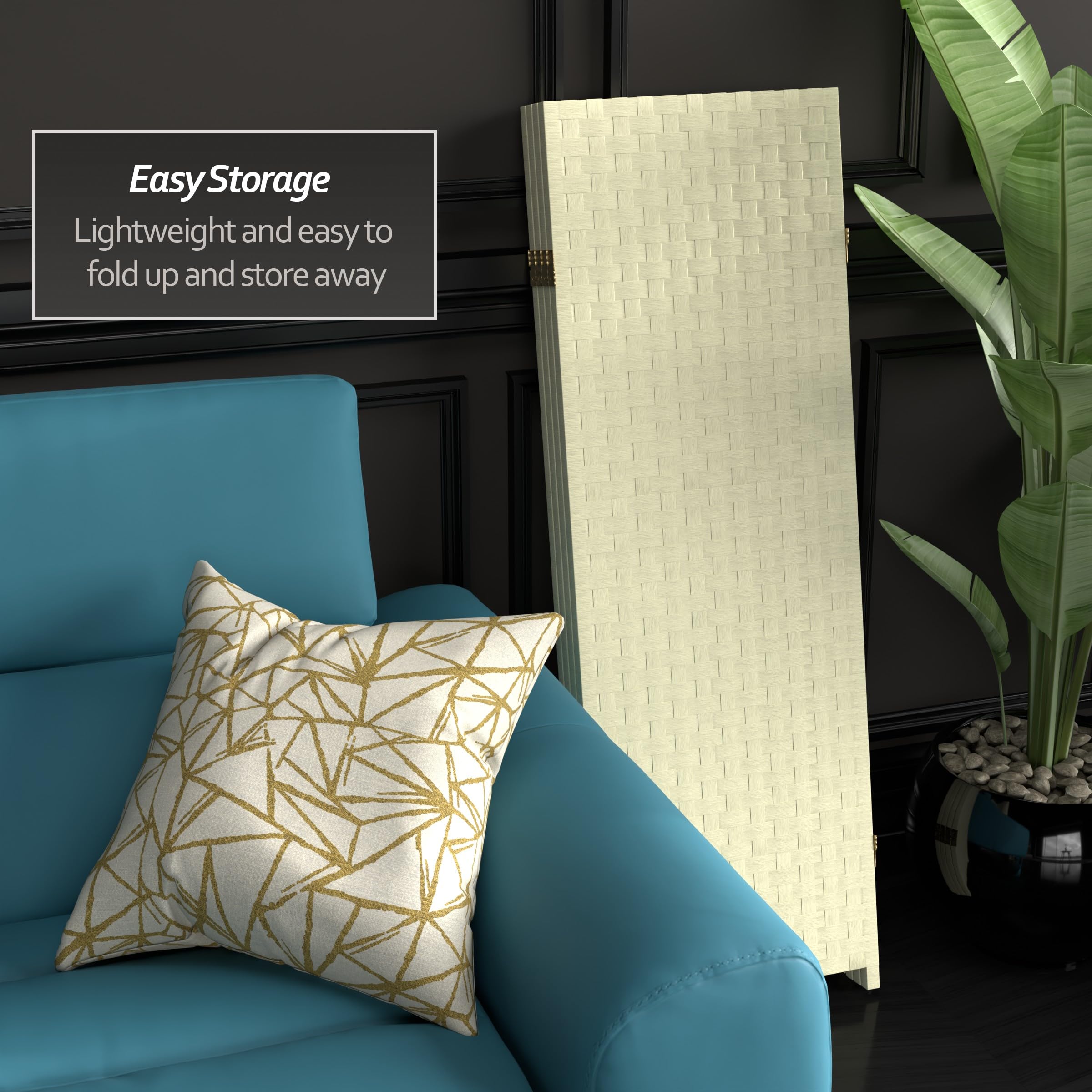 4 ft. Short Woven Fiber Folding Room Divider Screen - Cream - 4 Panel Privacy Partition for Home, Office & Studio Decor