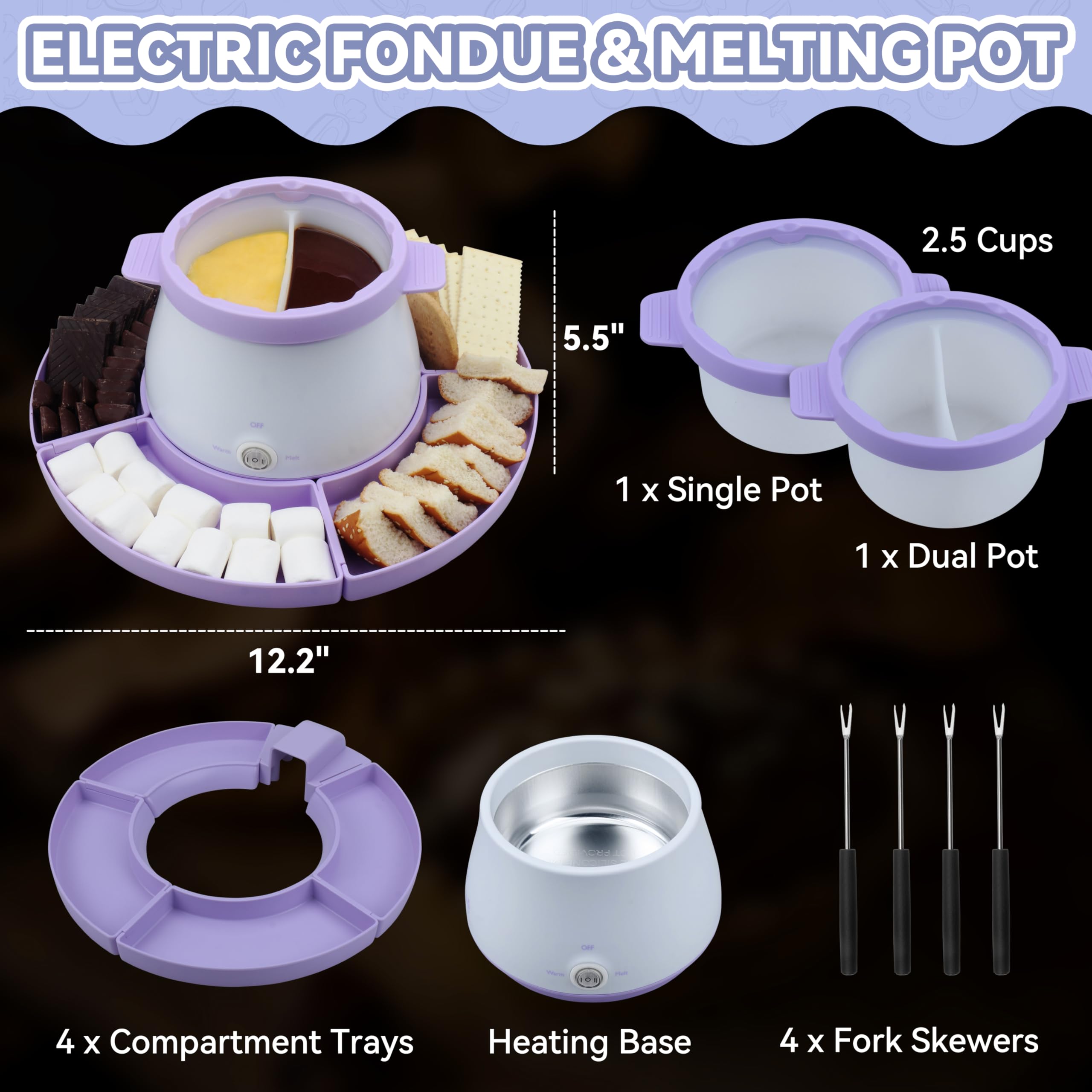 Electric Fondue Pot Set with 2 Pots - Chocolate & Candy Melting Warmer for Dipping, 2.5 Cups Capacity, Includes Fondue Forks - Perfect for Parties, Valentine's Day & Family Gatherings (Lavender)