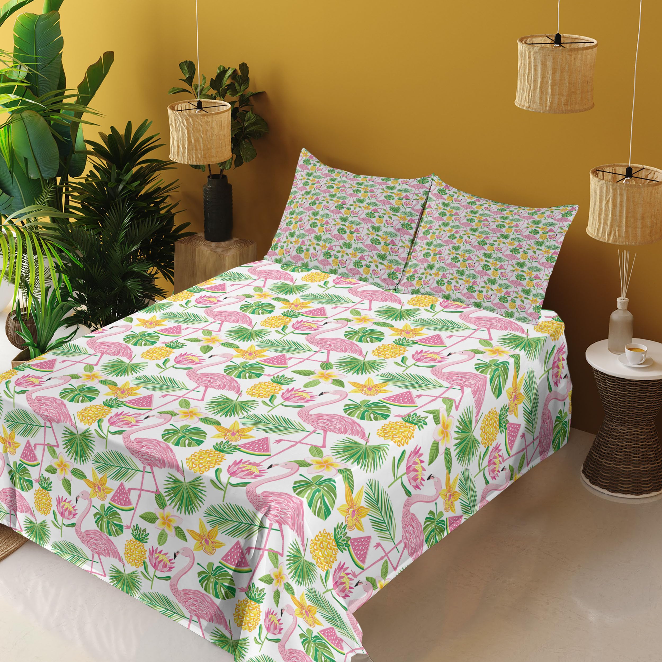 Ambesonne Exotic Flamingo Watermelon Pineapple Tropical Print 4-Piece King Sheet Set - Pink Green Mustard Bedding for Beach House, Summer Decor & Boho Chic Bedroom