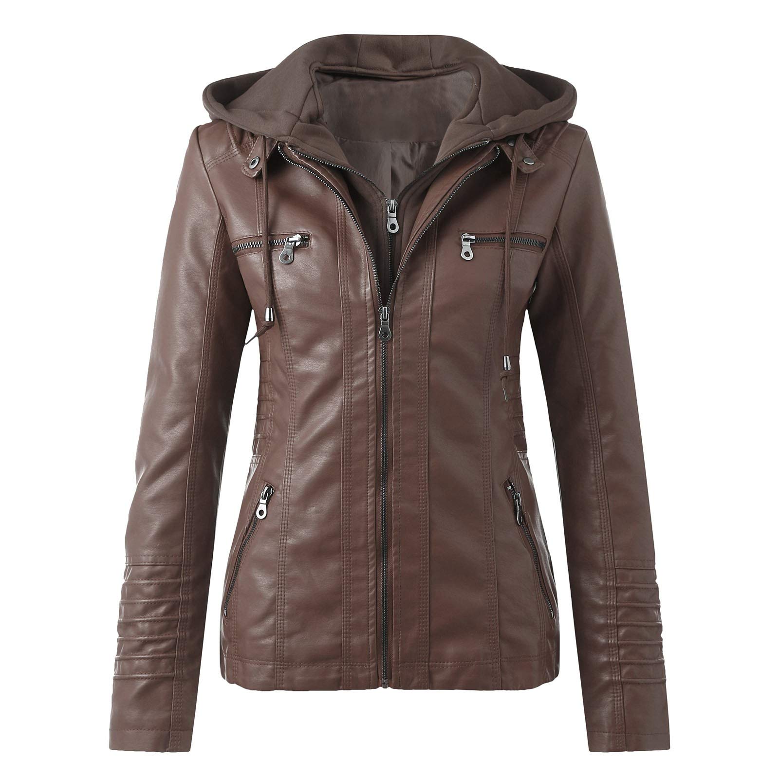 Women's Slim Fit Leather Zip-Up Belted Jacket with Stand Collar - Stylish Motorcycle Coat for Winter - Perfect for Casual Outings, Biker Rides & Fashionable Layering