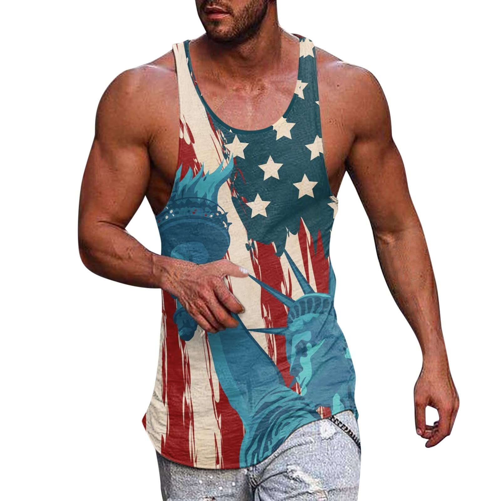 Men's American Flag Print Sleeveless Workout Tank Top - 4th of July Fitness Vest, Muscle T-Shirt for Gym, Running & Patriotic Events
