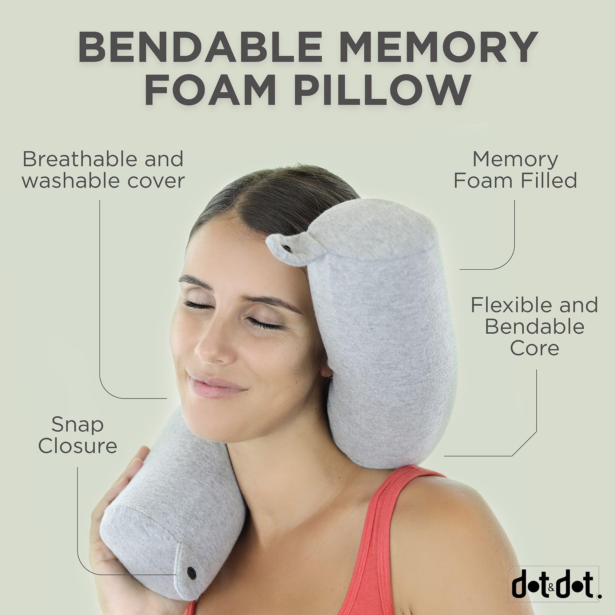 Dot&Dot Twist Memory Foam Travel Pillow for Airplanes - Adjustable Neck Support Pillow for Sleeping on Flights, Car Rides & Office Naps - Ergonomic Chin, Lumbar and Leg Support - Bendable Travel Neck Roll Pillow for Air Travel, Road Trips & Home Use