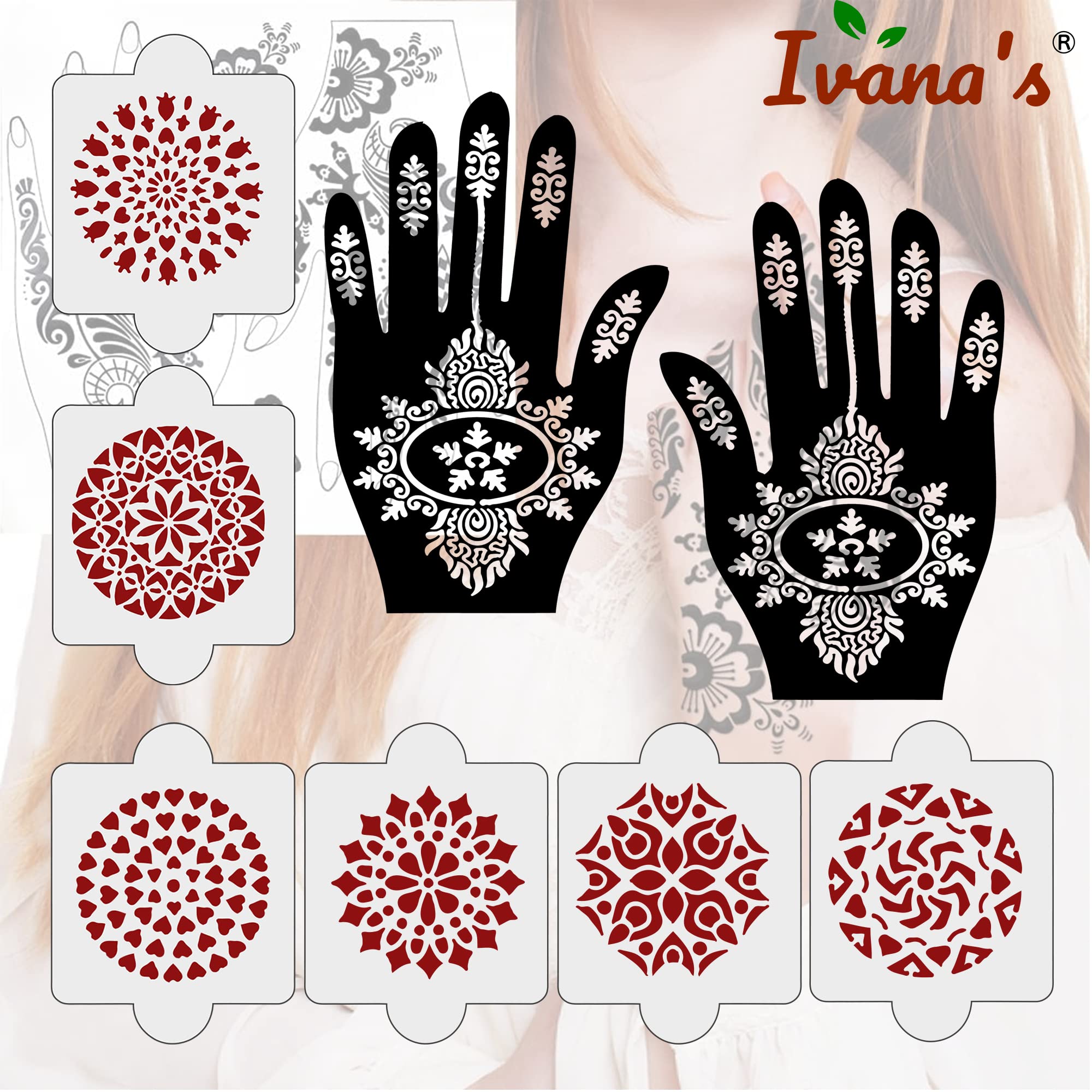 8 Pcs Henna Tattoo Stencil Kit - 2 Pcs Henna Stencils + 6 Pcs Reusable PVC Mehandi Templates for Women, Girls & Kids | Easy DIY Body Art for Parties, Weddings & Festivals (IVH-84)