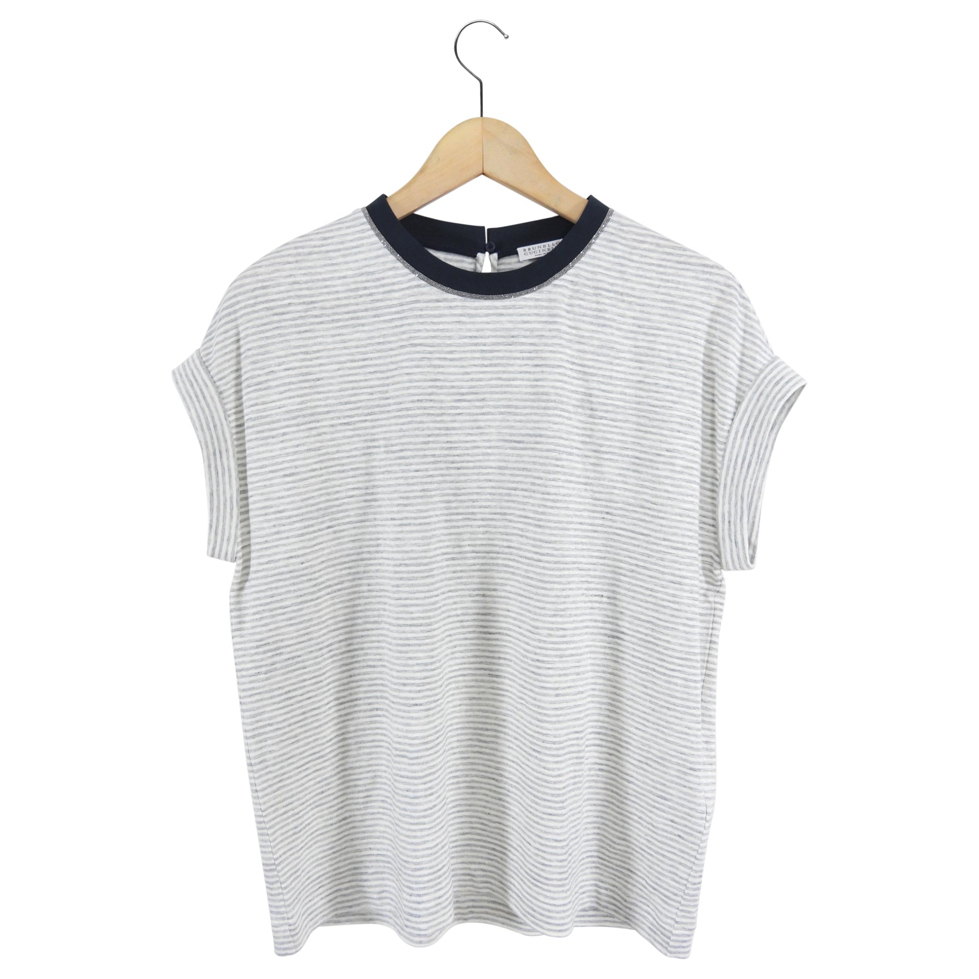 Brunello Cucinelli Striped Linen T-Shirt with Monili Neckline - Casual Summer Top for Women | Perfect for Beach Outings, Brunch Dates & Vacation Wear