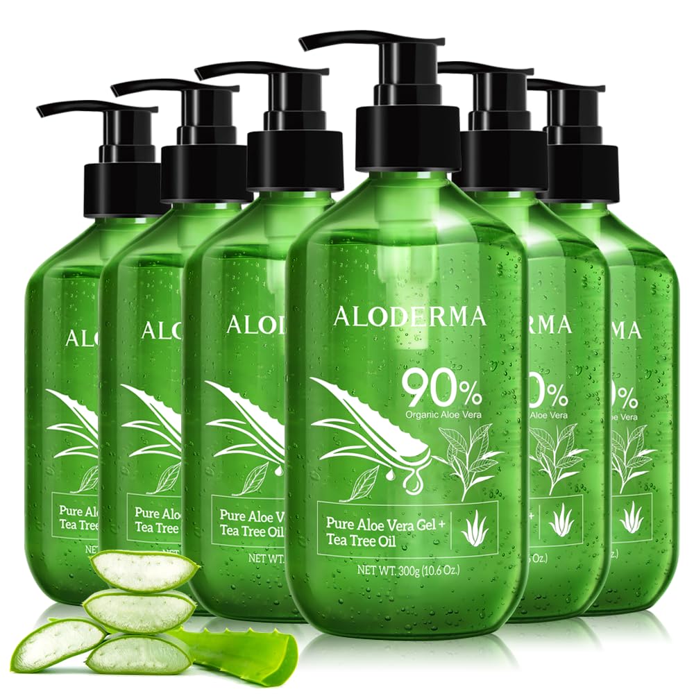 Aloderma Organic Aloe Vera Gel with Tea Tree Oil - Freshly Harvested Within 12 Hours, Soothing Pure Aloe Gel for Face, Scalp & Aftershave Care - All Natural Skin Moisturizer (300ml x 6 Bottles) - Perfect for Sunburn Relief, Daily Skincare & Hair Hydration