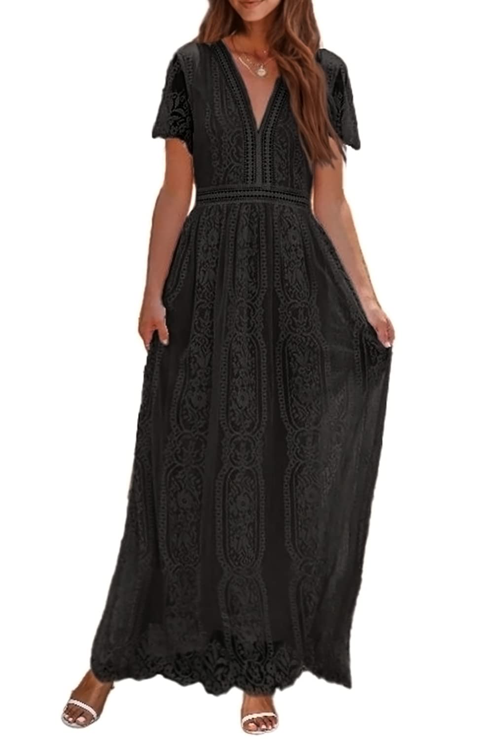 Elegant Floral Lace Maxi Dress for Women - Short Sleeve V-Neck Bridesmaid Gown for Weddings, Evening Parties & Special Occasions | Perfect for Summer Events, Beach Vacations & Formal Gatherings