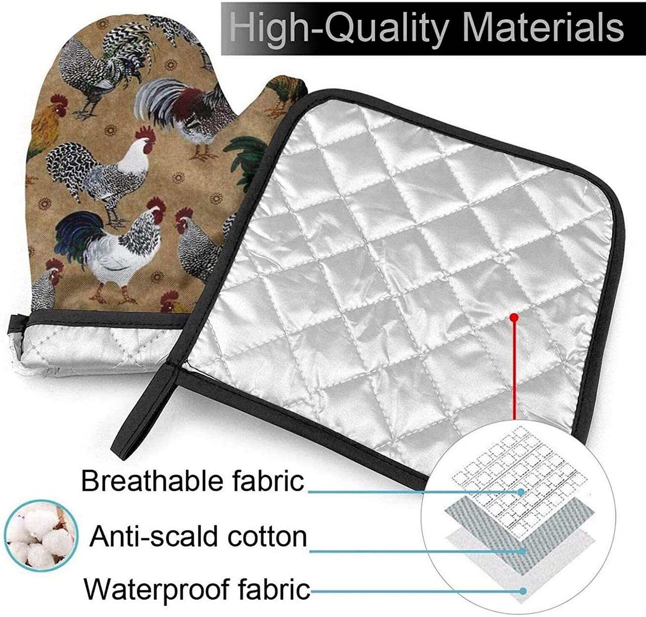 Rooster and Chicken Print Heat Resistant Oven Mitt and Pot Holder Set of 2 - Durable Kitchen Potholders for Baking, Grilling, and Cooking