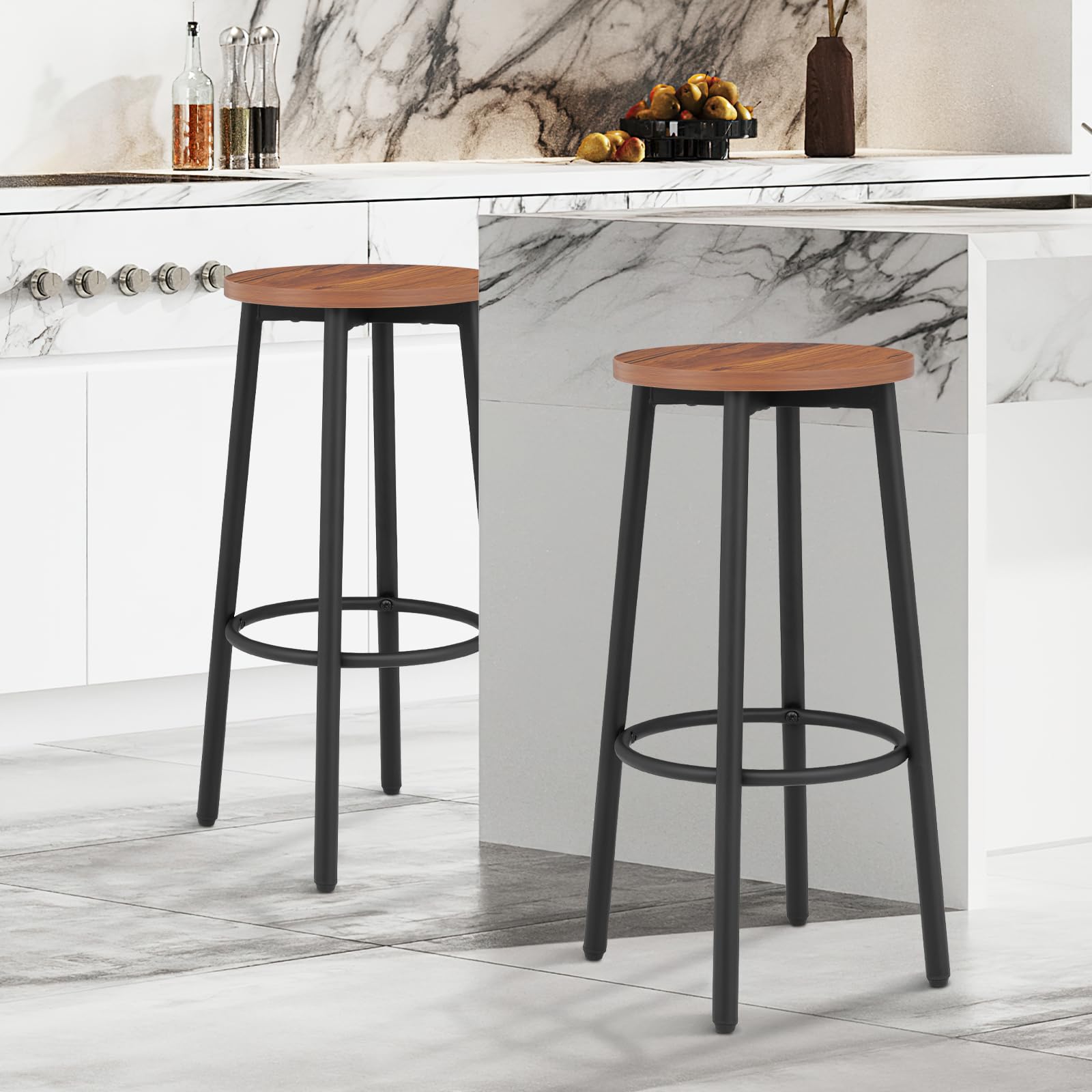 2-Pack Round Counter Height Bar Stools with Footrest - Adjustable Kitchen Island Stools for Dining Room, Home Bar & Breakfast Nook | Modern Barstool Chairs for Kitchen Counter, Pub & Restaurant Style Decor