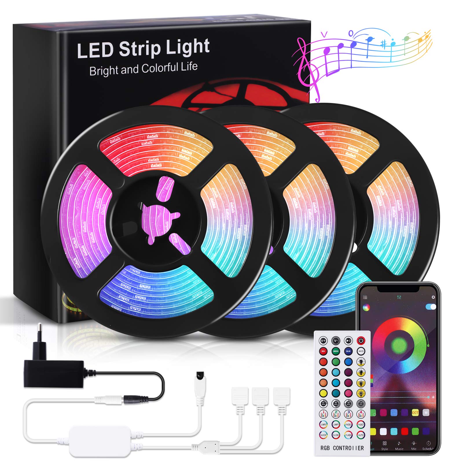 RIWNNI 49.2ft Smart RGB LED Strip Lights - Bluetooth & App Controlled Color Changing Lights with Music Sync & Remote, Dimmable for Bedroom, Ceiling, Party Decor - Perfect for Home, Bar, Gaming Room & Wedding Lighting (15M)