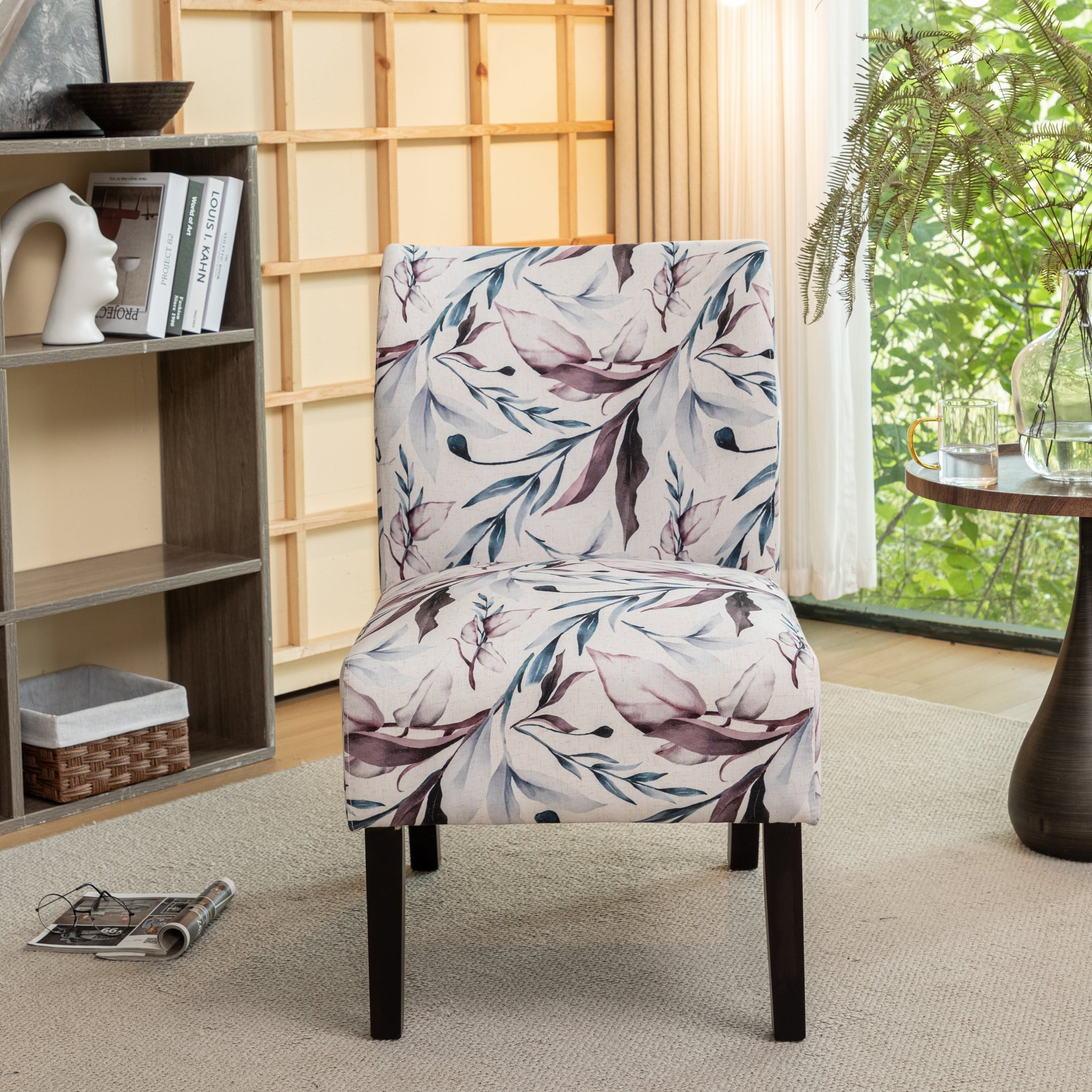Roundhill Furniture Capa Fabric Armless Contemporary Accent Chair - Purple Floral Design, Modern Living Room Decor, Perfect for Reading Nook or Bedroom Sitting Area