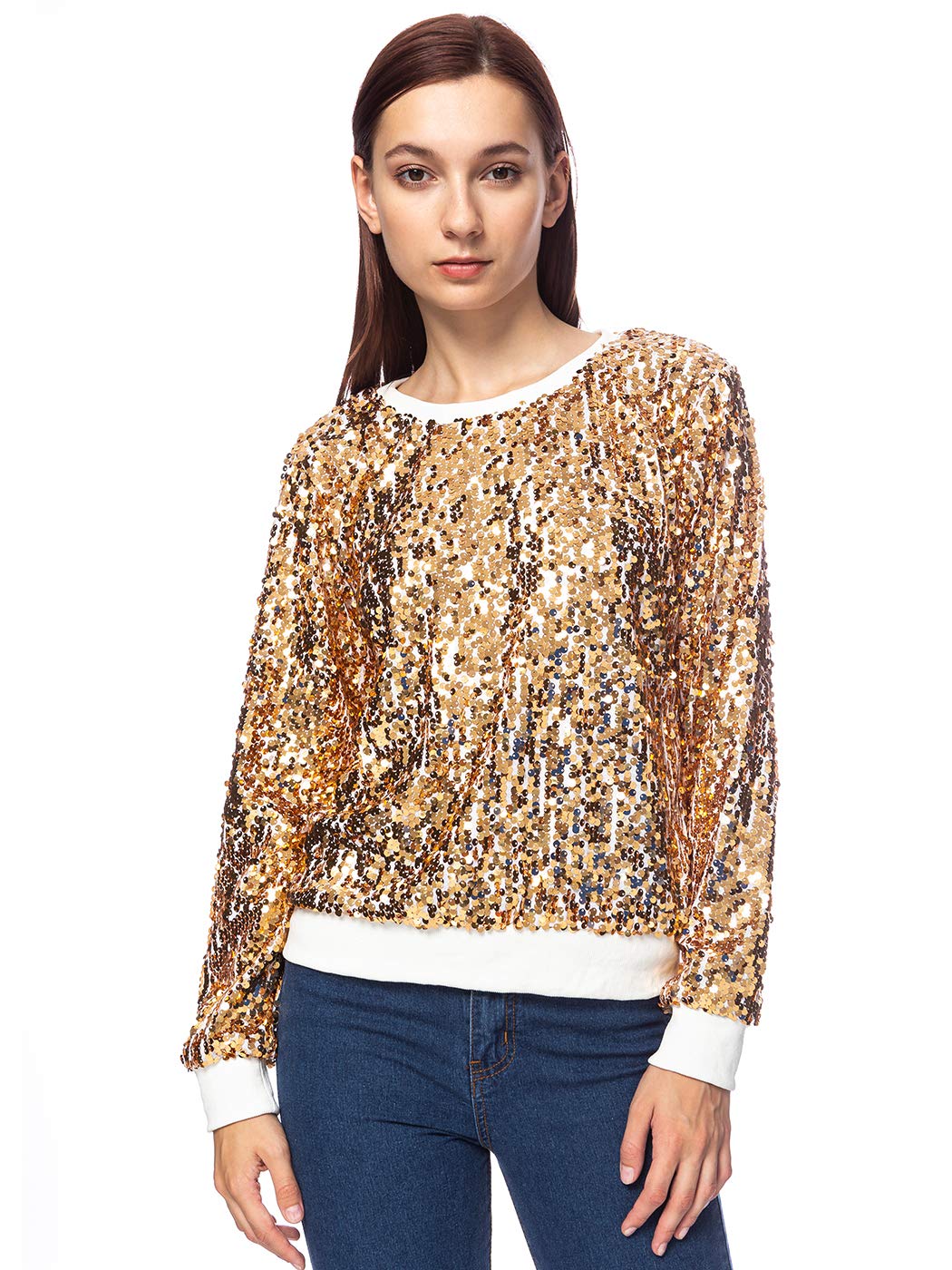 Anna-Kaci Women's Sparkle Sequin Sweatshirt - Long Sleeve Pullover Top with Ribbed Cuffs for Party, Holiday & Casual Wear | Glamorous Lounge & Night Out Outfit