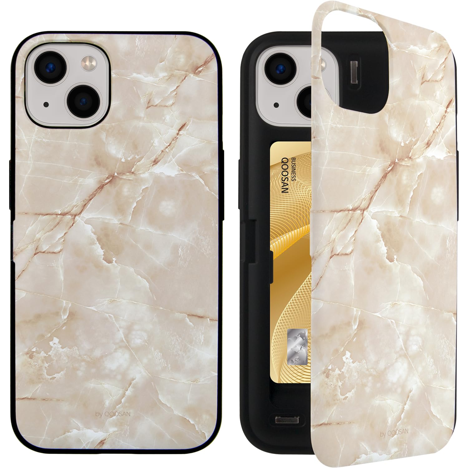 Qoosan Slim Protective iPhone 15 Case (6.1 inch) with Built-in Card Holder, Wallet & Kickstand - Marble Beige | Mirror Feature for Convenient Makeup Touch-ups | Perfect for Work, Travel & Everyday Use