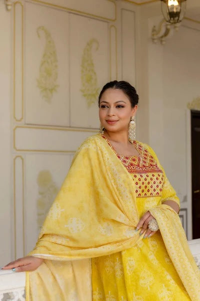 Plus Size Yellow Embroidered Anarkali Kurta & Dupatta Set for Women | Traditional Indian Ethnic Dress for Festivals, Weddings & Special Occasions