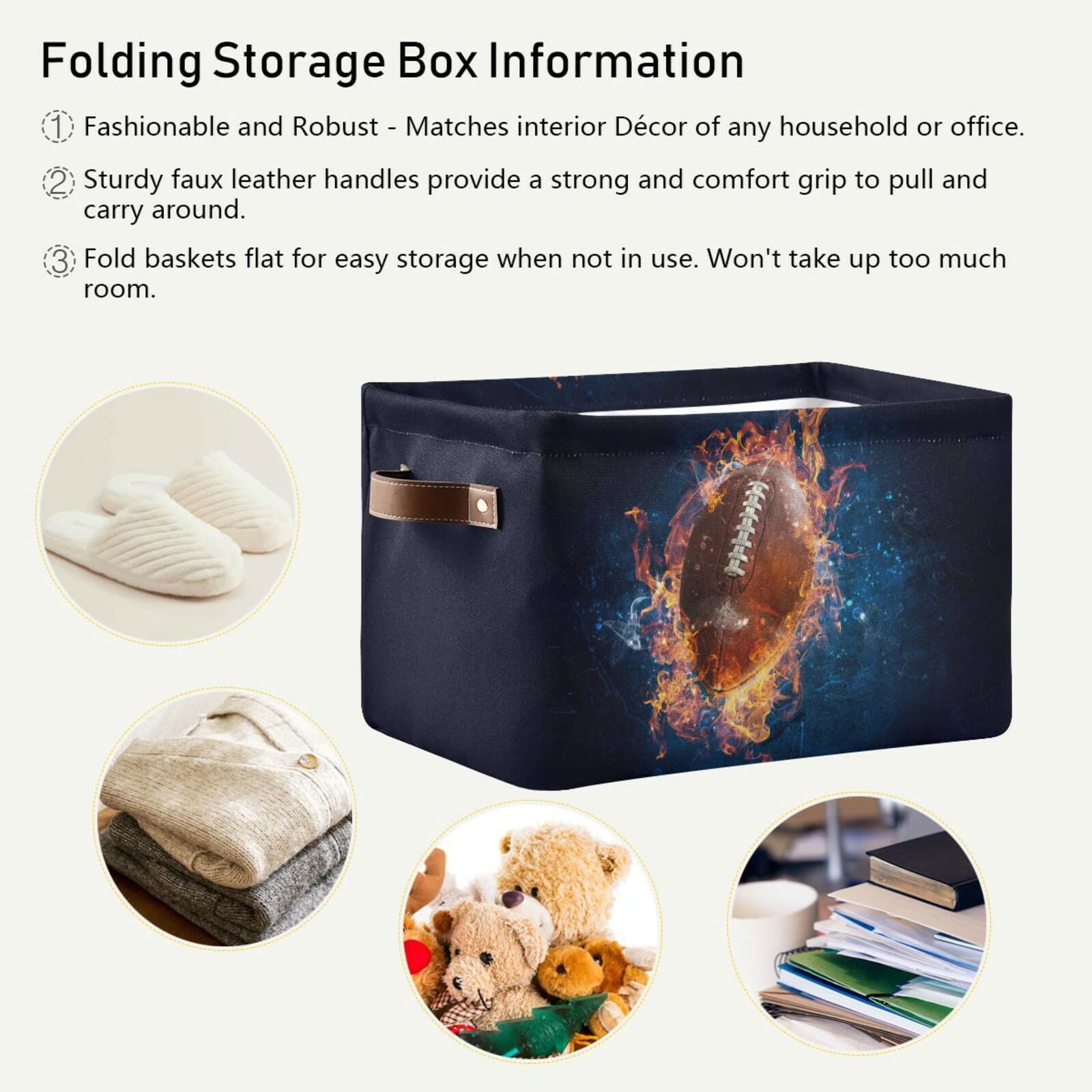 Collapsible Rectangular Storage Basket with Leather Handles - American Football Game Themed Organizer Bin for Nursery, Home & Bedroom | Perfect for Toy Storage, Laundry Organization & Clutter Control