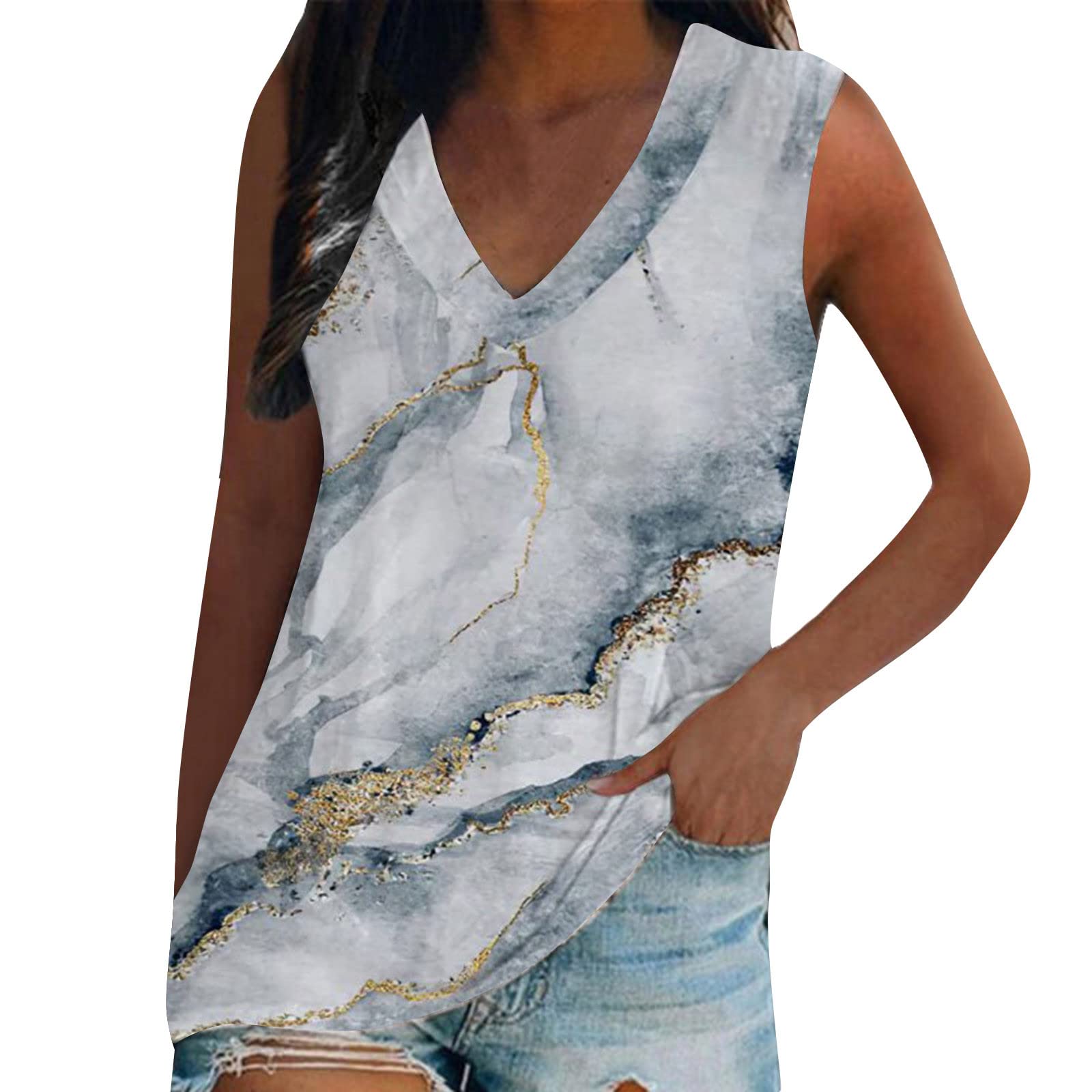 Women's Sleeveless V-Neck Workout Tops - 2 Pack Printed Athletic Tank Tops for Running, Yoga & Gym (White, XXL) - Breathable Casual Summer Fitness Wear