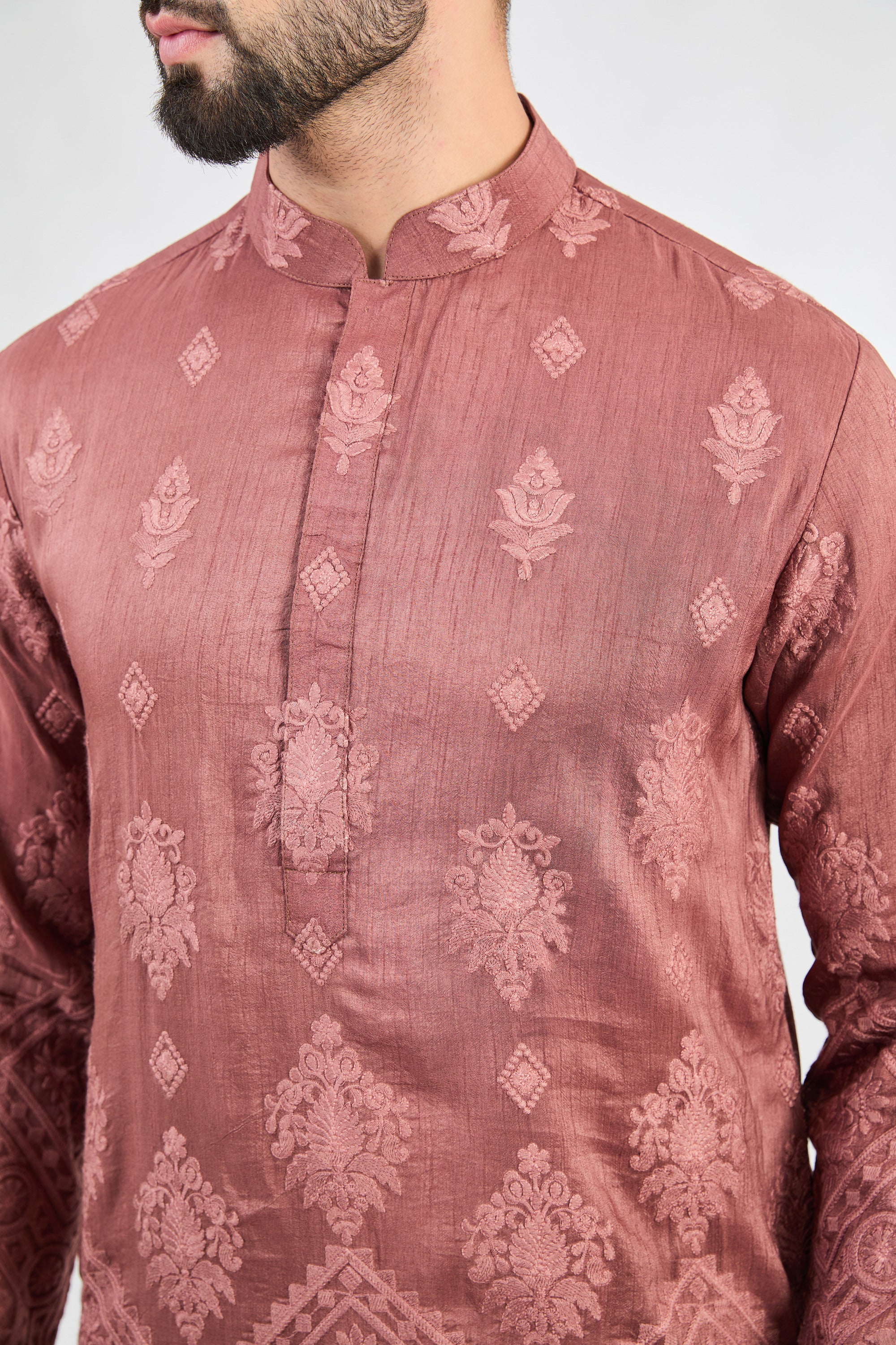 Elegant Mauve Taupe Chikankari Kurta with Intricate Horse Motifs - Perfect for Festivals, Weddings, and Ethnic Fashion