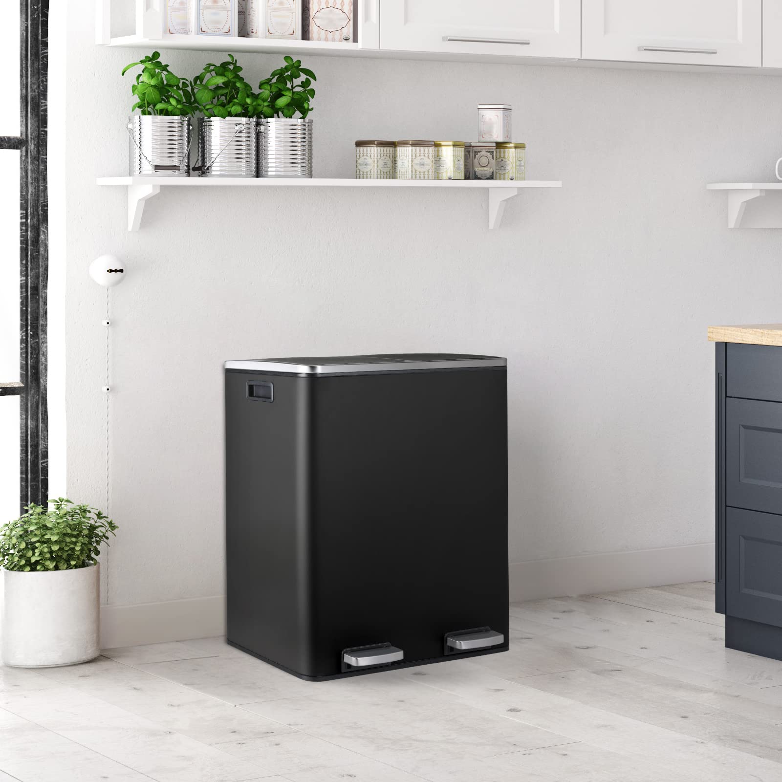 16 Gallon Stainless Steel Trash Can with Dual Compartment - 60L Metal Kitchen Step Recycle Bin, Double Dustbin for Home Use - Includes Removable Liner Buckets (Black) - Perfect for Kitchen Waste Sorting & Recycling