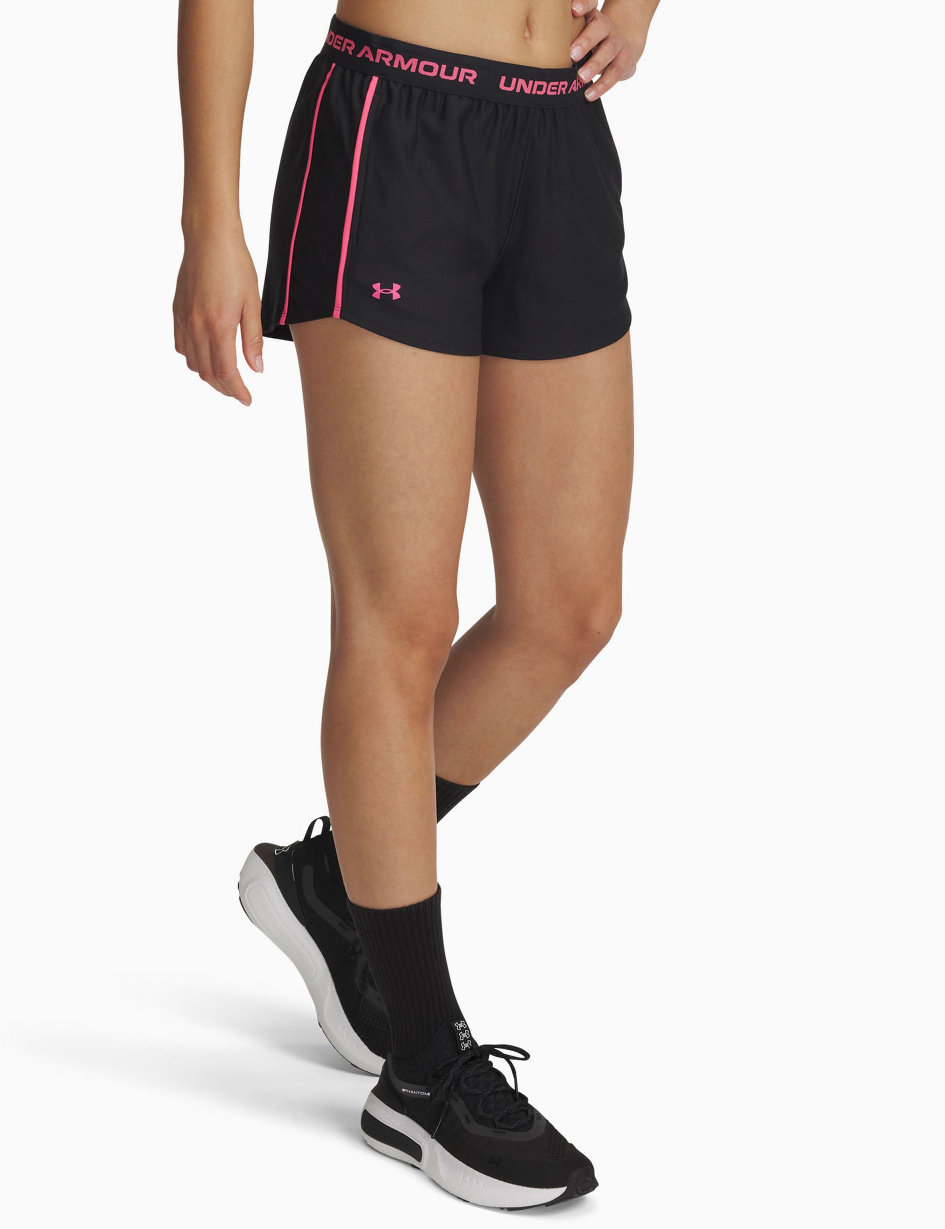 UA Tech Play Up Shorts for Women - Breathable & Quick-Dry Athletic Shorts in Black/Super Pink - Perfect for Running, Yoga & Gym Workouts