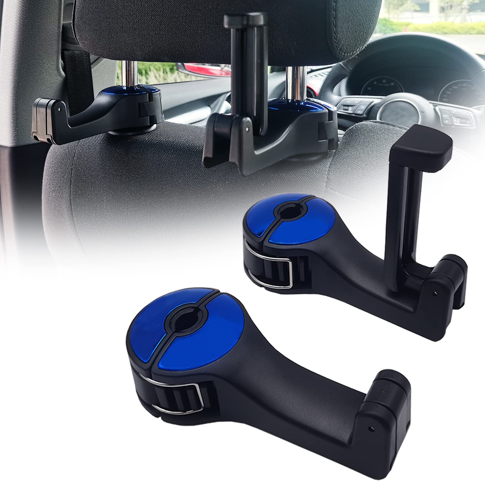 2 in 1 Car Seat Hooks (2PCS) - Universal Multifunctional Back Seat Organizer with Phone Holder - Perfect for Phones, Bags, Umbrellas & Clothes - Ideal for Road Trips, Commuting & Family Travel (Blue)