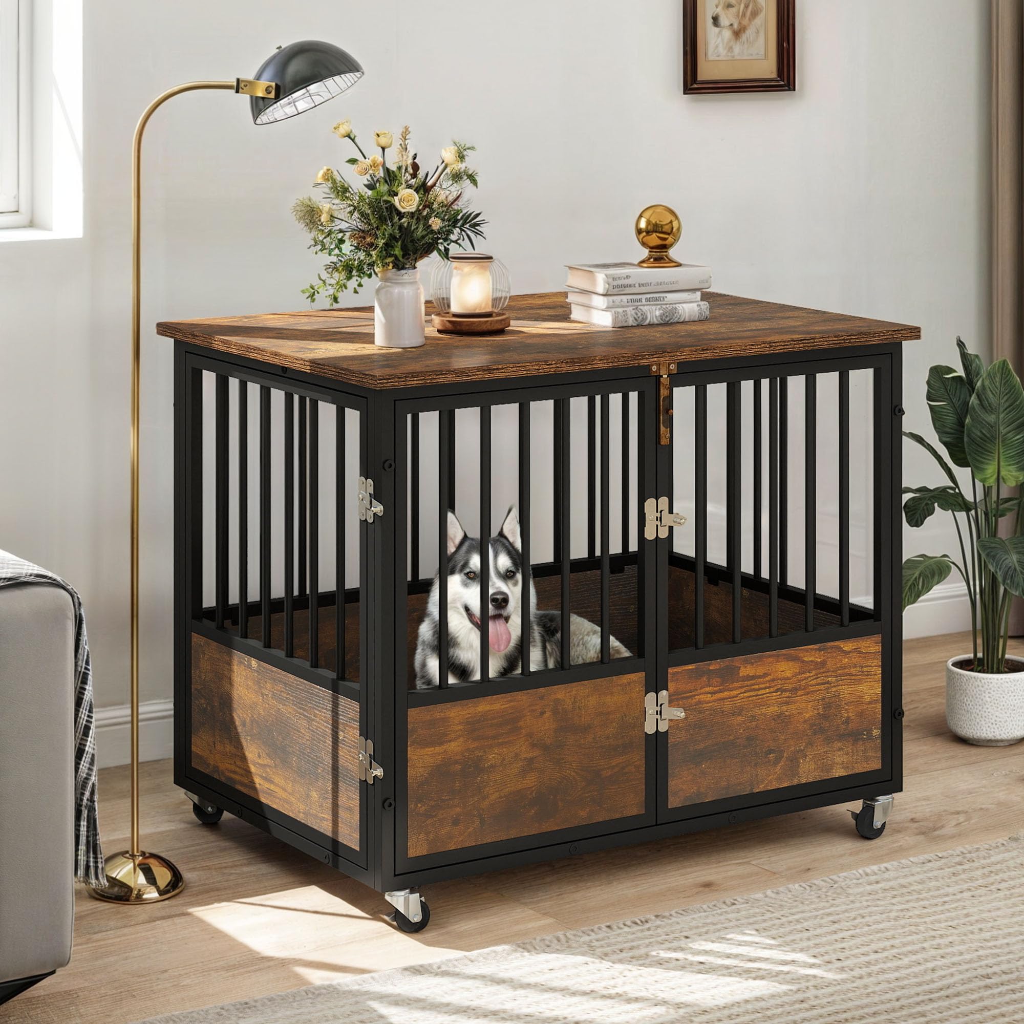 DWVO 38 Inch Rustic Brown Farmhouse Dog Crate Furniture with Wheels - Chew-Resistant Wooden Kennel End Table with Double Doors for Indoor Use | Perfect for Living Room, Bedroom & Home Decor