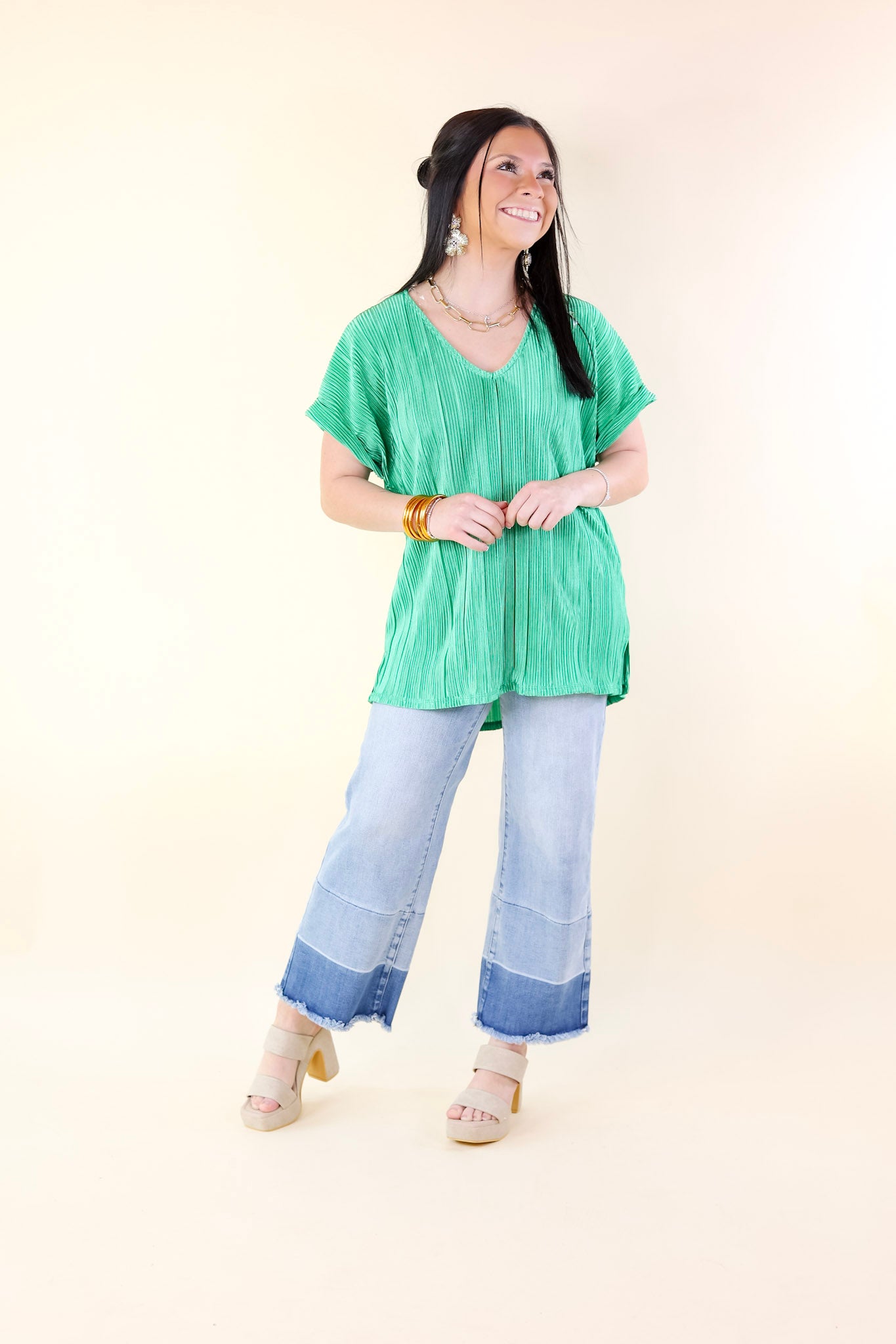 Emerald Green V-Neck Plissé Casual Top for Women | Breathable & Stylish Summer Blouse | Perfect for Office, Date Night & Outdoor Activities
