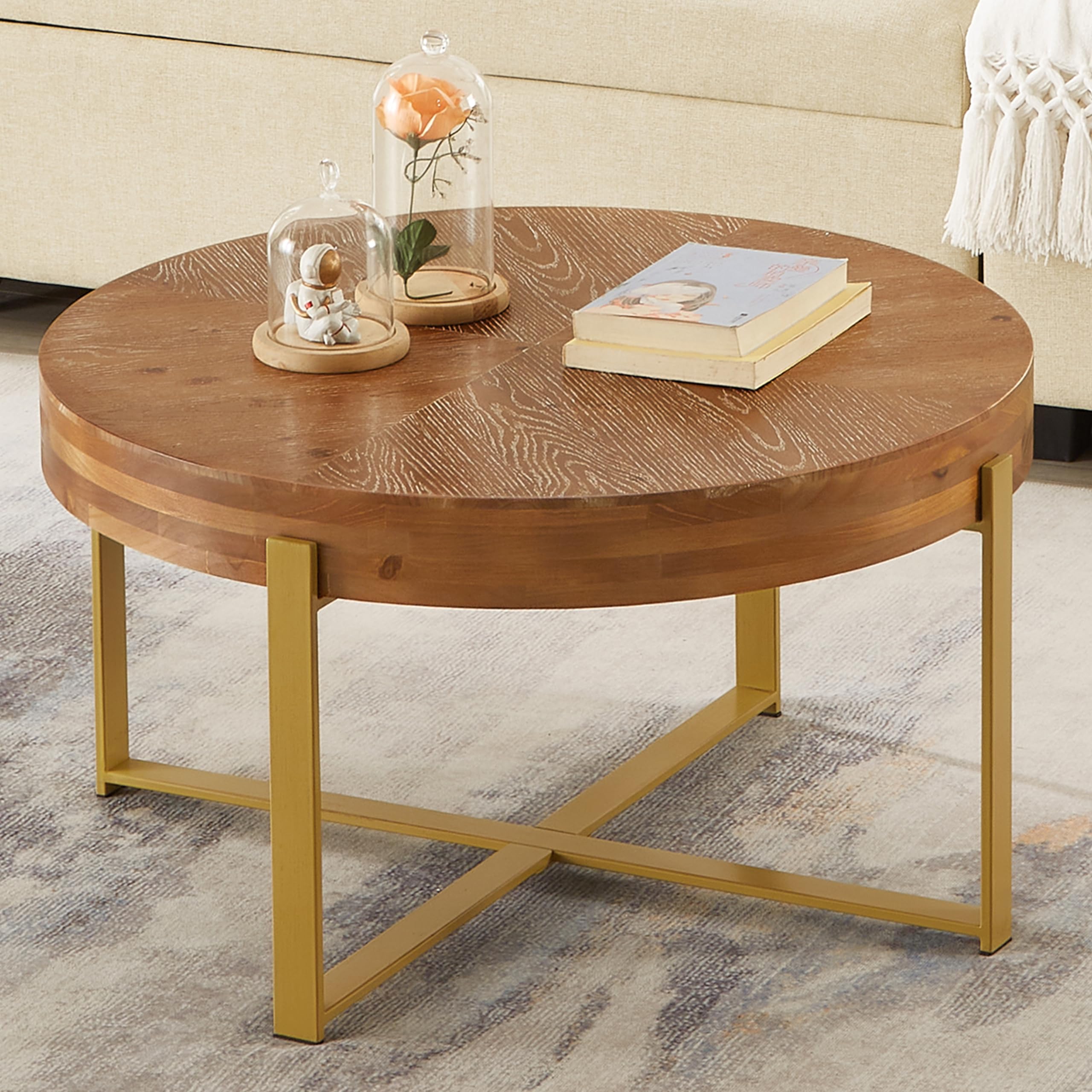 Round Wood Coffee Table with Metal Legs - 32