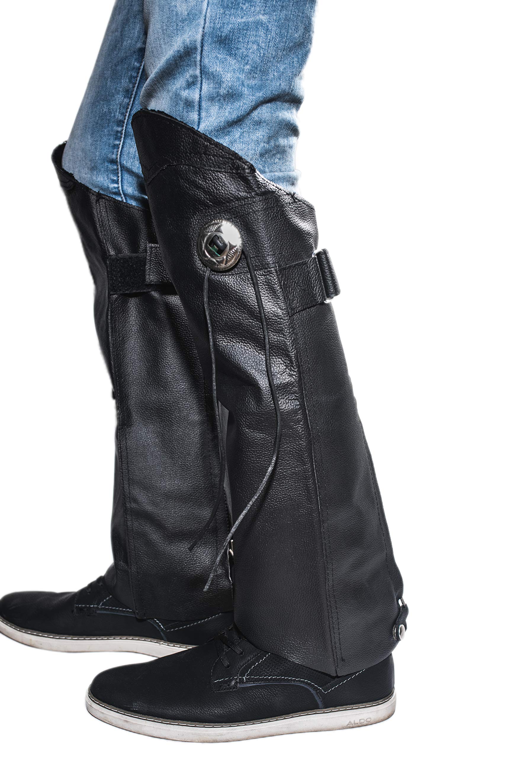 Leather Half Chaps for Horse Riding & Motorcycling - Adjustable Zipper & Velcro Windproof Leg Warmers with Concho & Fringe Details - Protective Leg Gaiters for Women & Men (Sizes 3X-4X) - Perfect for Equestrian Sports, Biking & Outdoor Adventures