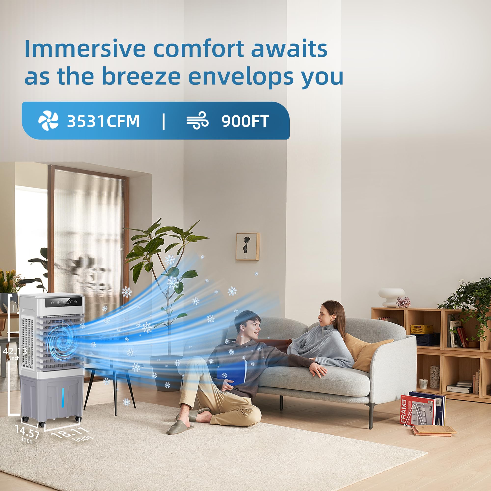 3-IN-1 Evaporative Air Cooler with 3531 CFM & 11.9 Gallon Water Tank - Portable Swamp Cooler with Remote/Touch Control, 90°+120° Oscillation for Indoor & Outdoor Use - Perfect for Bedroom, Office, Patio, and Garage Cooling