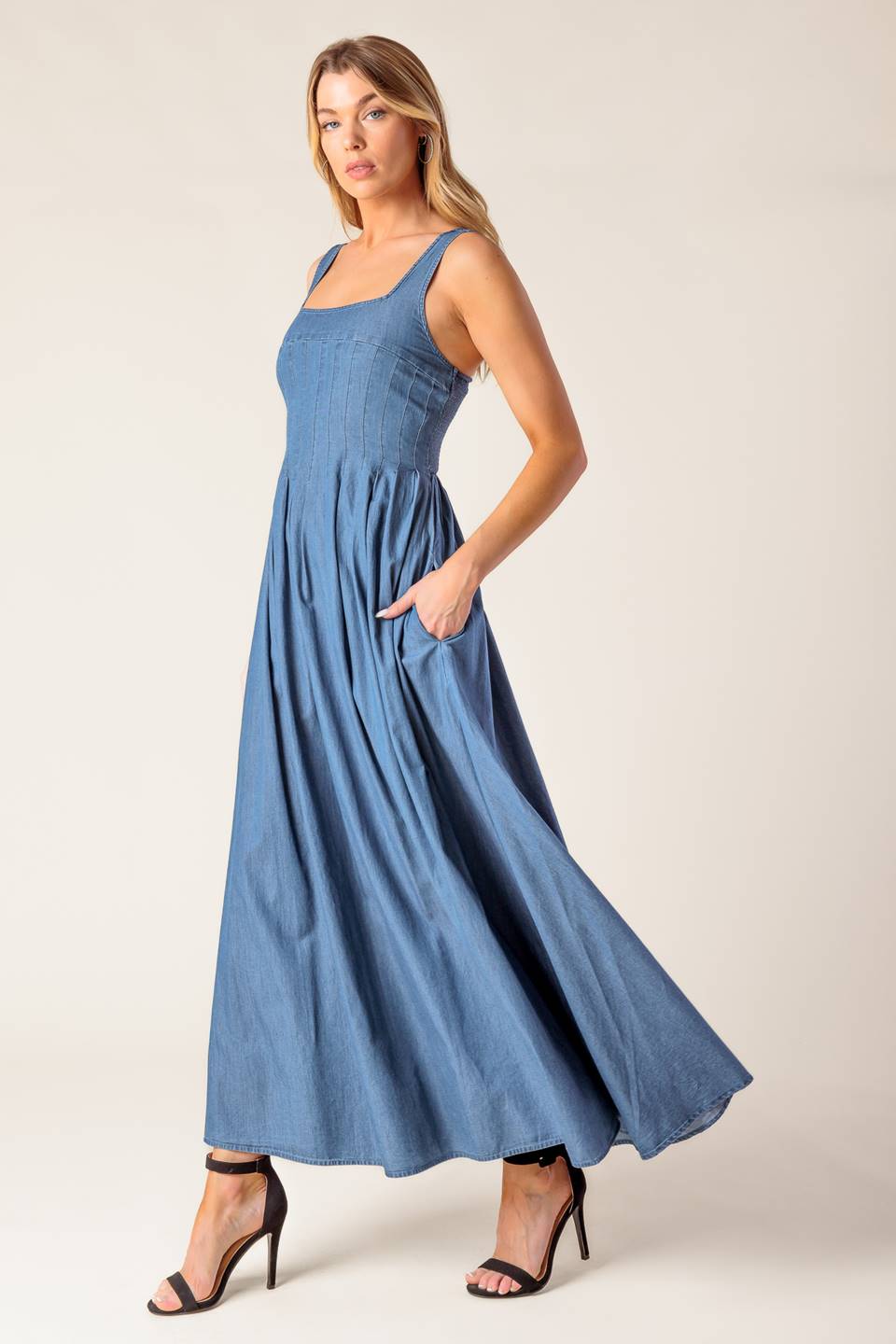 Blue Ridge Dreams Pintuck Denim Midi Dress - Women's Casual Stretch Denim Dress for Spring & Summer, Perfect for Brunch, Date Night & Outdoor Events