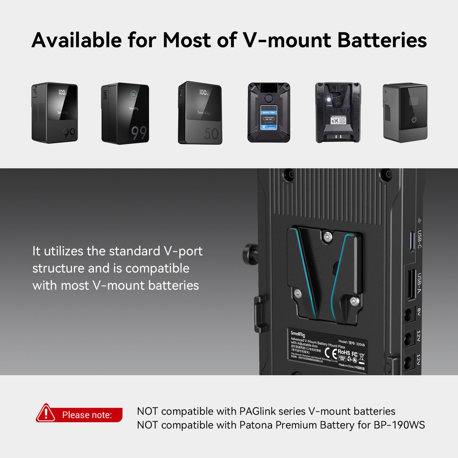 SmallRig V Mount Battery Adapter Plate with PD 65W USB-C Fast Charger, QC Protocol USB-A, D-TAP, 8V & 12V DC Output - Compatible with Sony Canon DSLR Cameras & Camcorders - Perfect for Professional Video Shooting, Live Streaming & On-Location Power Supply