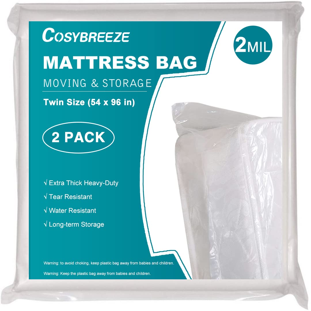 2 Pack Heavy Duty Mattress Storage Bags for Moving - Twin Size 54 x 96 Inch, 2 Mil Thick Plastic Mattress Cover Protector for Moving & Storage | Perfect for Home Relocation, Dorm Moves & Long-Term Mattress Protection