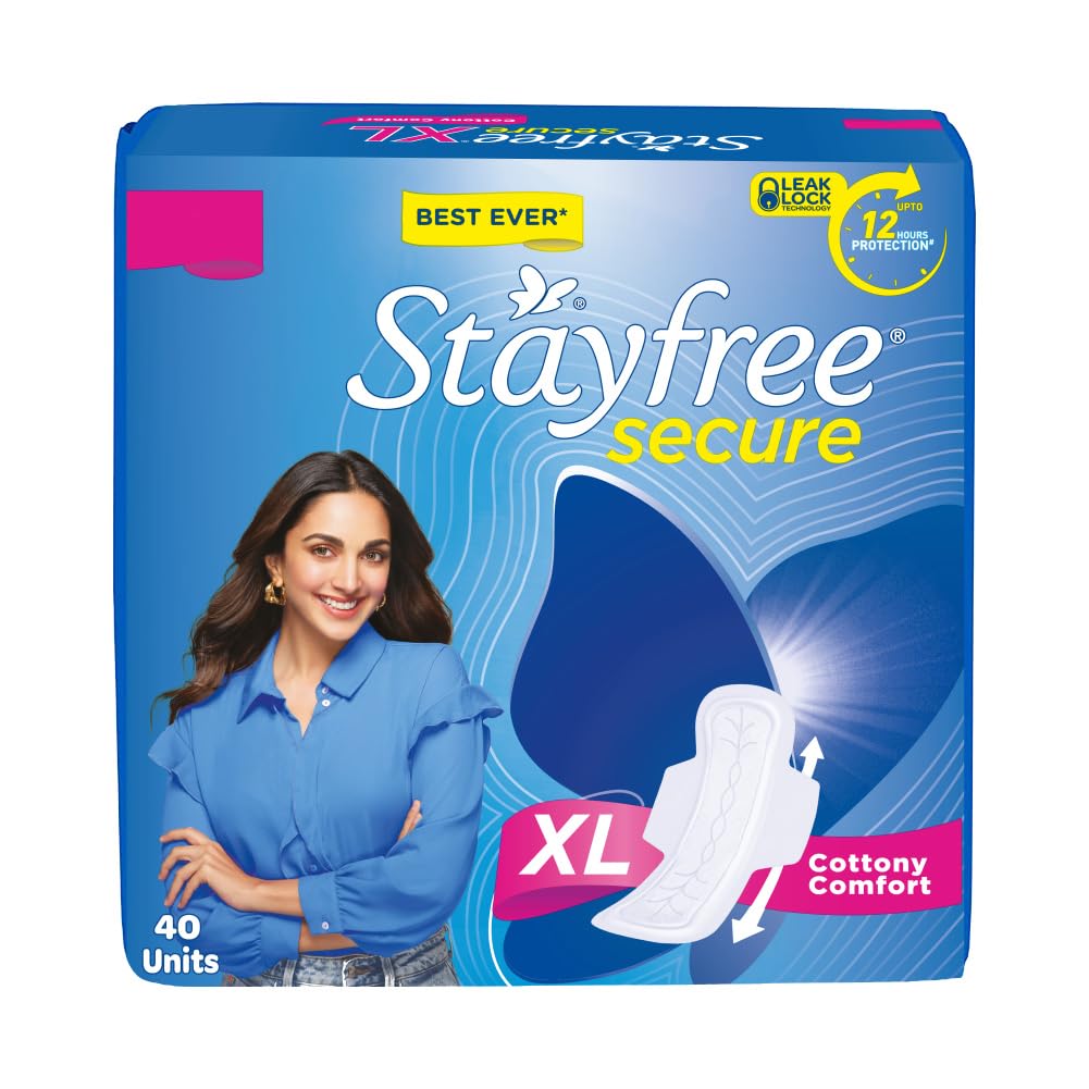 Stayfree Secure Extra Large Cottony Soft Cover Sanitary Pads with Wings for Women - 40 Count | Ultra Absorbent for Heavy Flow | Day & Night Protection for Active Lifestyles