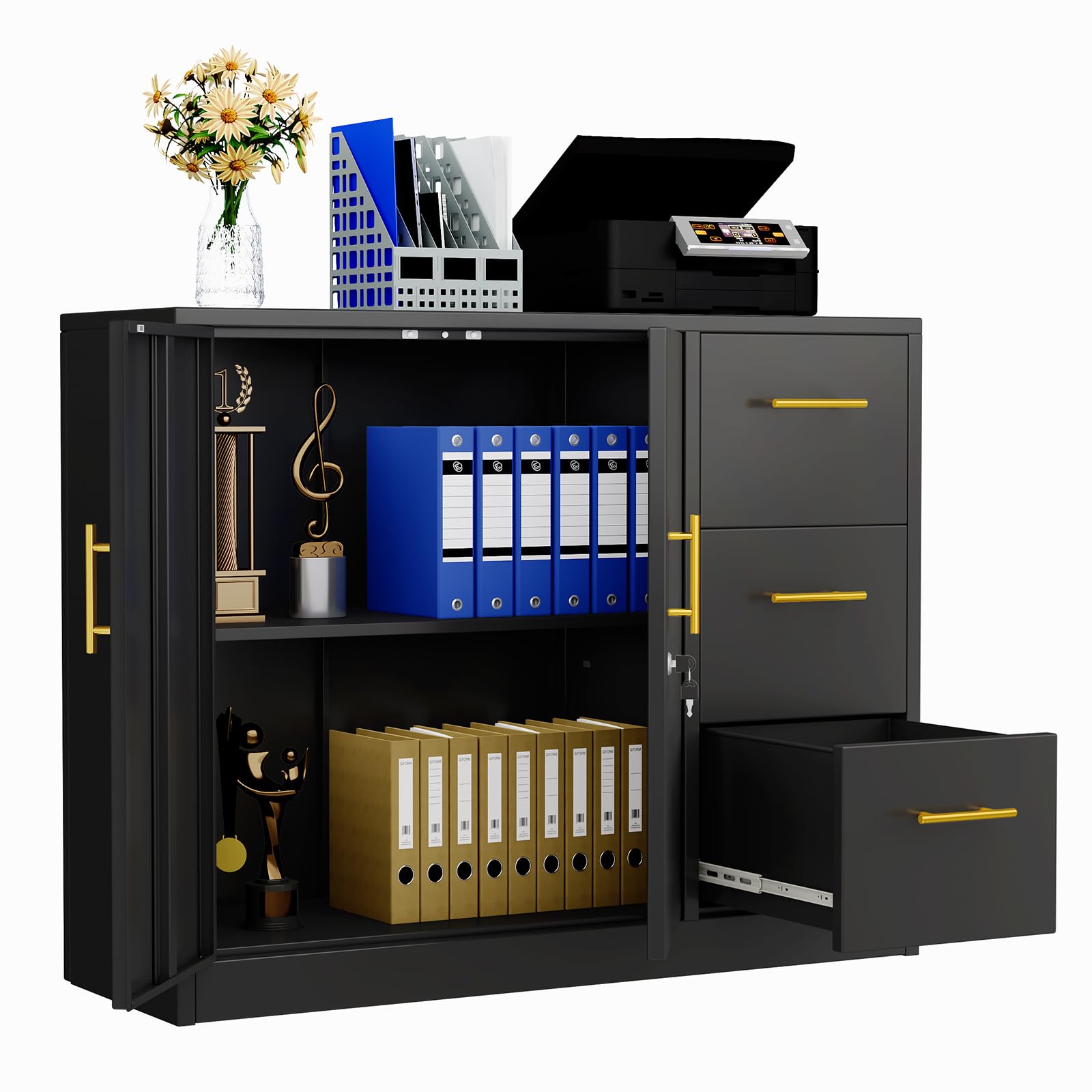 3-Drawer Lateral File Cabinet with Lock - Metal Storage Cabinet for Office, Home, Garage, School & Gym - Secure Document Organizer for Files & Supplies (Black) - Perfect for Workspaces, Storage Rooms & Home Offices