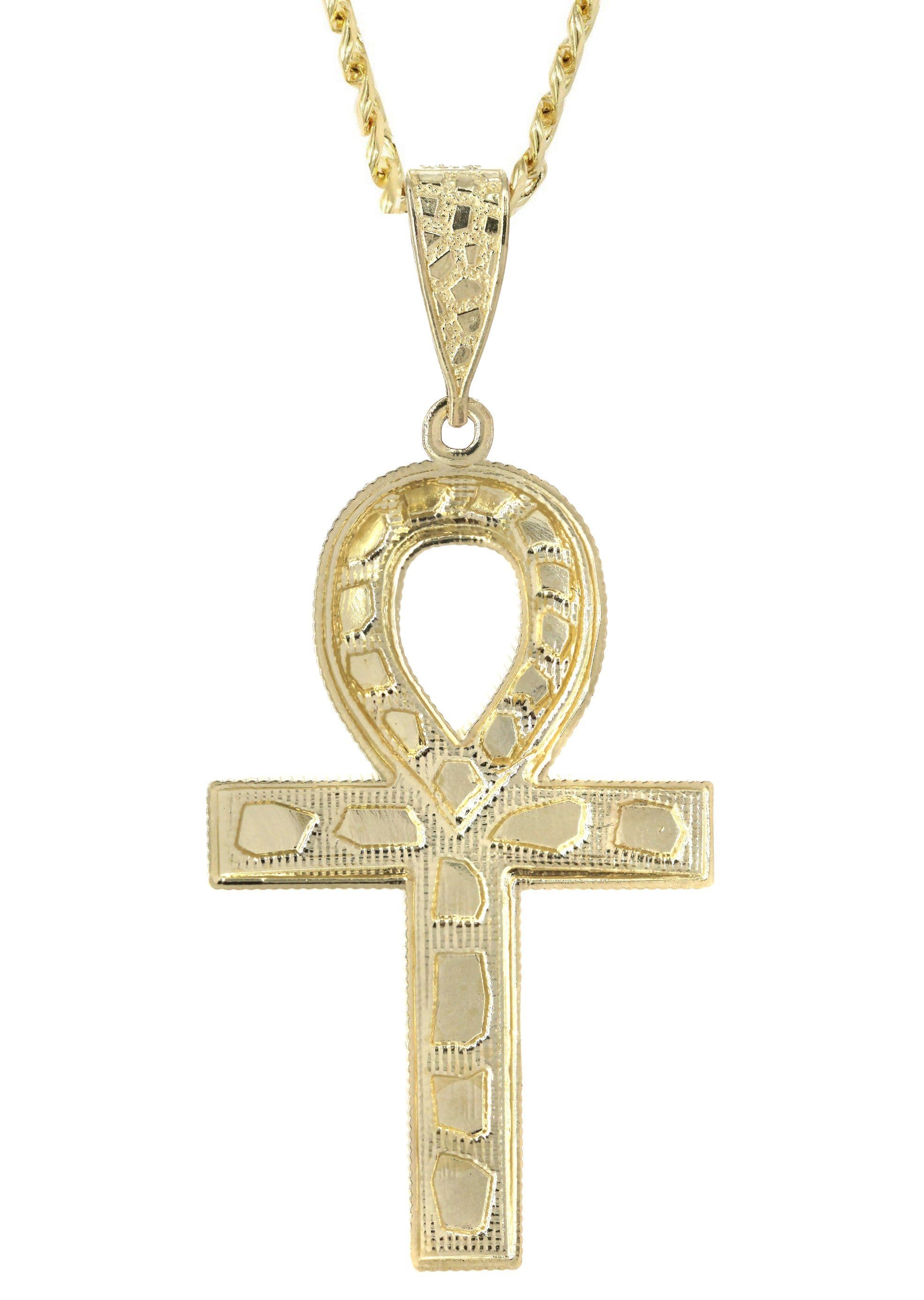 10K Yellow Gold Diamond Cut Ankh Necklace for Women - 16.3 Grams Egyptian Cross Pendant | Perfect for Spiritual Jewelry, Boho Fashion & Gift Giving
