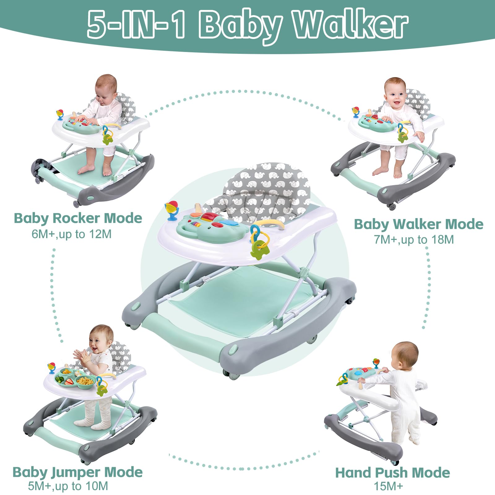 5-in-1 Foldable Baby Walker & Activity Center - Convertible Bouncer, Rocker, Push Walker with Detachable Trampoline Mat | Adjustable Speed Wheels & Height for Babies 6-18 Months (Mint Green) | Perfect for Playtime, Learning to Walk & Indoor Activities