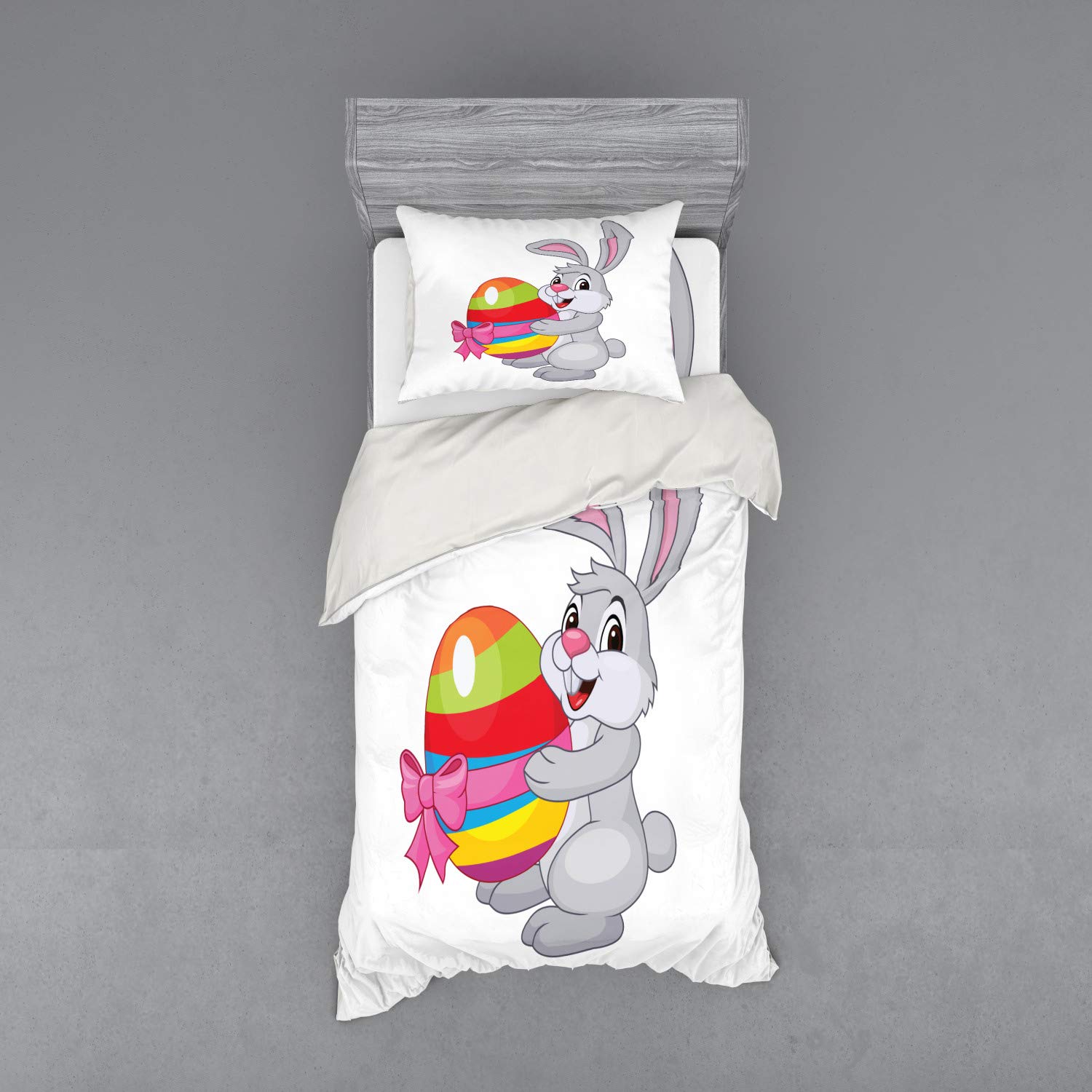 Ambesonne Easter Duvet Cover Set - Cartoon Rabbit with Colorful Striped Egg Design, 3-Piece Bedding Set Includes Sham & Fitted Sheet, Twin Size, Multicolor - Perfect for Easter Decorations, Kids' Room, Spring Bedding Refresh