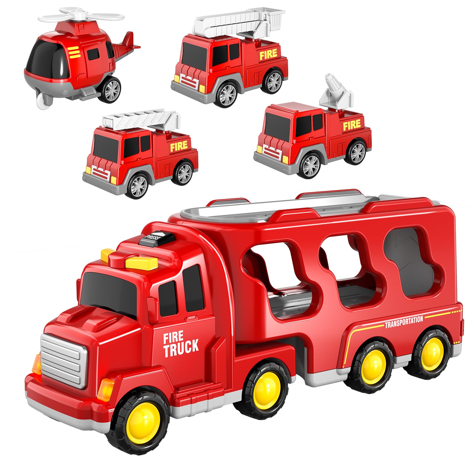 5-in-1 Fire Truck Toy Set with Lights & Sounds - Friction Powered Rescue Vehicles for Kids Ages 3-6 | Perfect Birthday Gift for Toddler Boys | Pretend Play, Emergency Role Play & Early Learning Toys