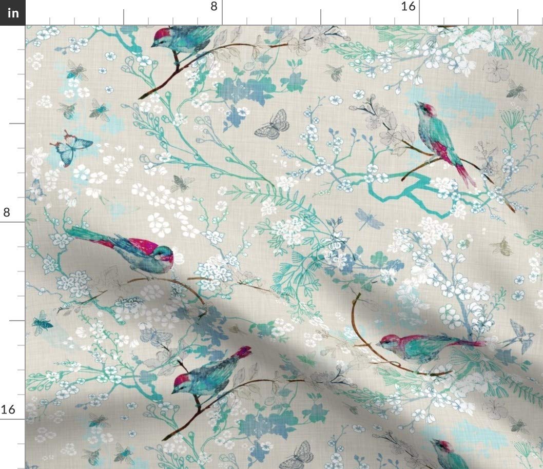 Premium Spoonflower Fabric - Bees, Birds, Rustic Wildlife & Floral Garden Botanical Spring Print on Petal Signature Cotton Fat Quarter - Perfect for Sewing, Quilting, Apparel, Crafts & Home Decor Projects