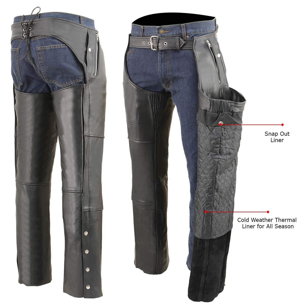 Milwaukee Leather MLM5502 Men's Thermal Lined Black Premium Leather Motorcycle Chaps with Cool-Tec Technology - Large Size for Cold Weather Riding & Motorcycle Protection