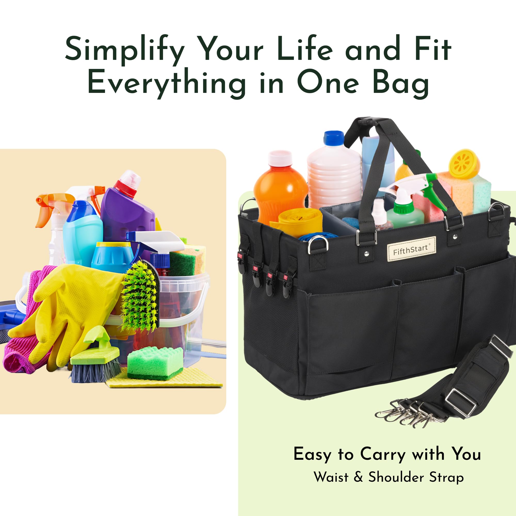 **FifthStart Multi-Purpose Cleaning Caddy with Waist & Shoulder Strap – 9-Pocket Tote Organizer for Housekeeping, Gardening, Fishing & Bathroom Storage | Adjustable Compartments, Large Black Utility Caddy with Handle | Perfect for Home, Office & Outdoor Use**