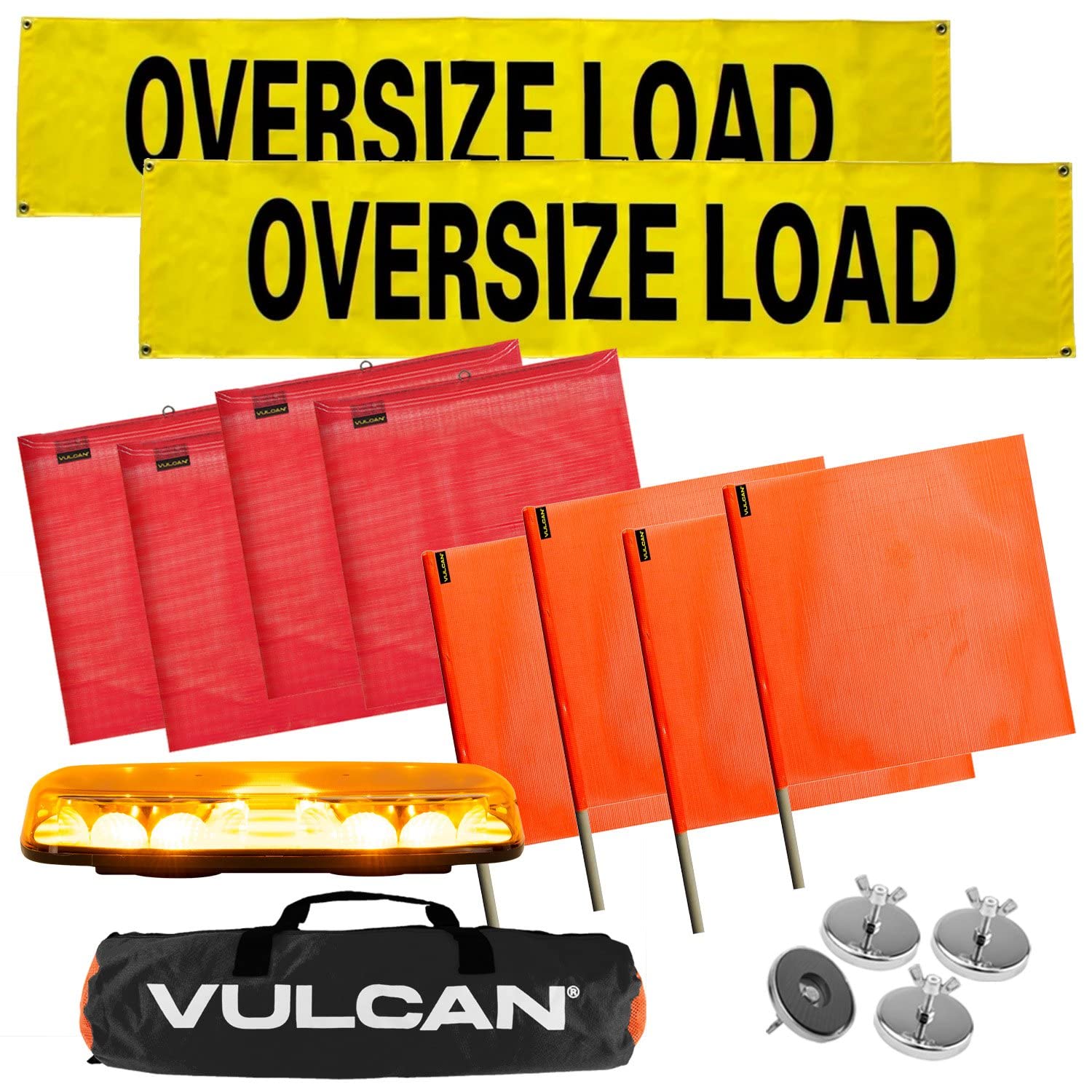 VULCAN Oversized Load Pilot Car Kit - 2 Solid Warning Banners, Magnetic Amber LED Light Bar, 8 Magnets, 4 Red & 4 Orange Safety Flags - Essential for Oversize Load Escort Vehicles & Truck Safety Equipment - Perfect for Transporting Wide Loads, Construction Equipment & Heavy Haulage