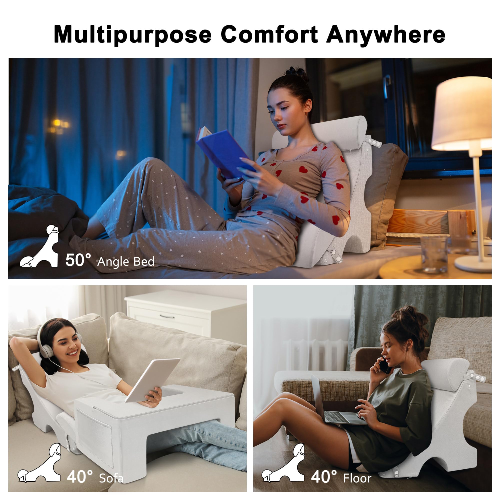 Adjustable Reading Pillow for Adults - 4PCS Bed Chair Pillow with Pockets for Reading, Gaming, Watching TV & Relaxing in Bed, Couch or Floor - 16