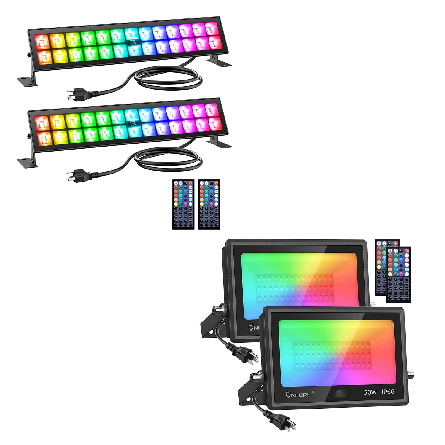 Onforu 2 Pack 50W LED RGB Flood Lights & 2 Pack 48W LED Wall Washer Lights with 44-Key Remote - IP66 Waterproof Outdoor/Indoor Lighting for Stage, Garden, Wedding, Party, Festival - Perfect for DIY Home Decoration and Event Lighting