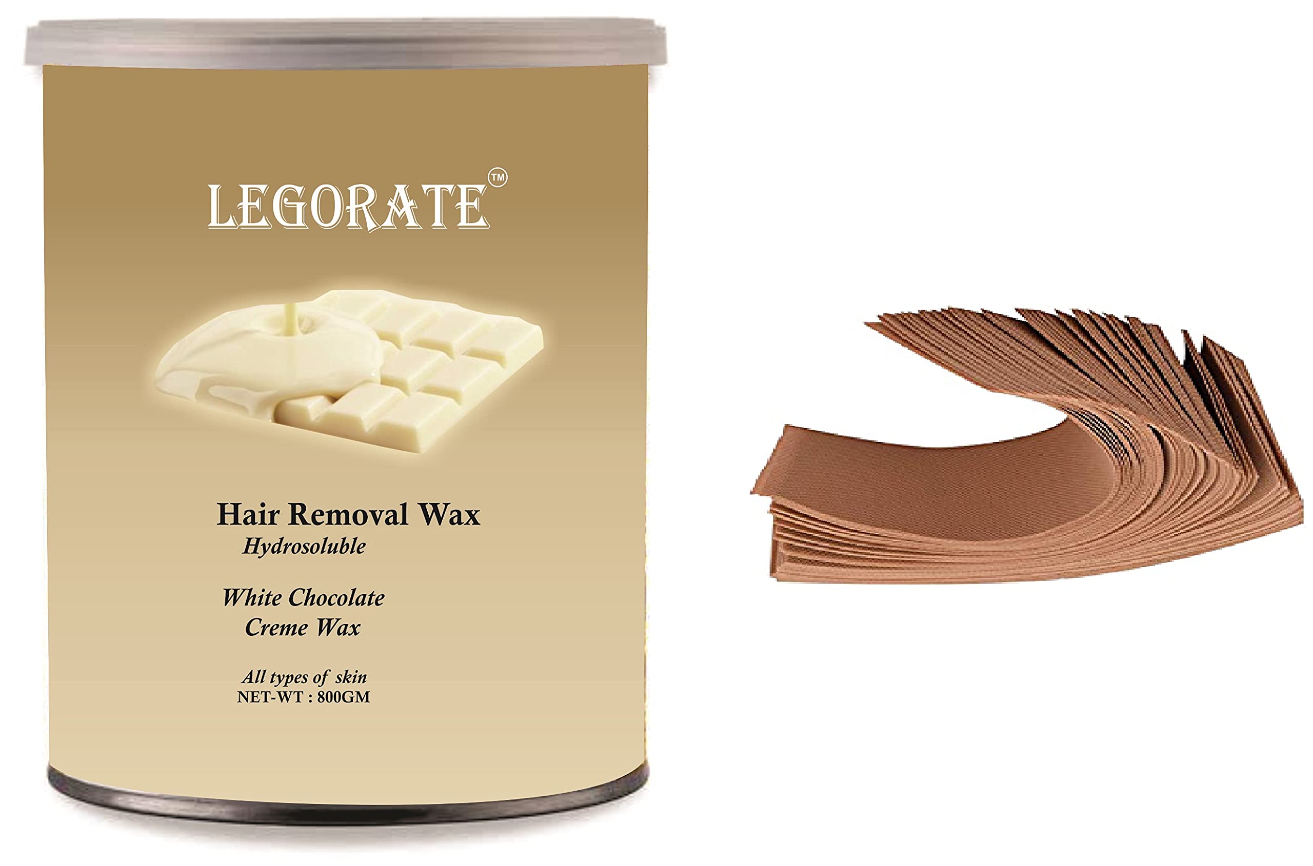 LEGORATE White Chocolate Hydrosoluble Creme Hair Removal Hot Wax (800g) with 20 Free Waxing Strips - Smooth Skin for Legs, Arms & Bikini Line at Home Salon